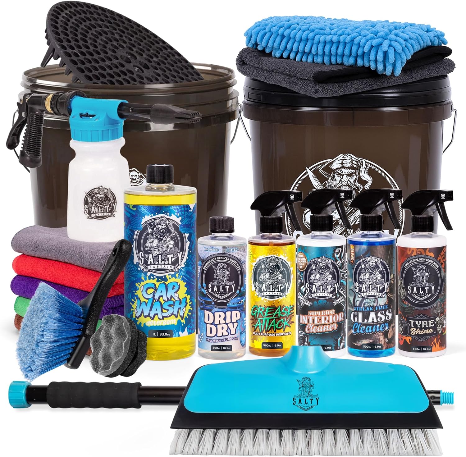 Salty Captain Mega 20-Piece DIY Car Cleaning Kit + Extendable Brush – All-in-One Car Detailing Kit with 2x Buckets, Towels, Brushes & 6x Cleaning Fluids – Foam Blaster compatible with Garden Hose