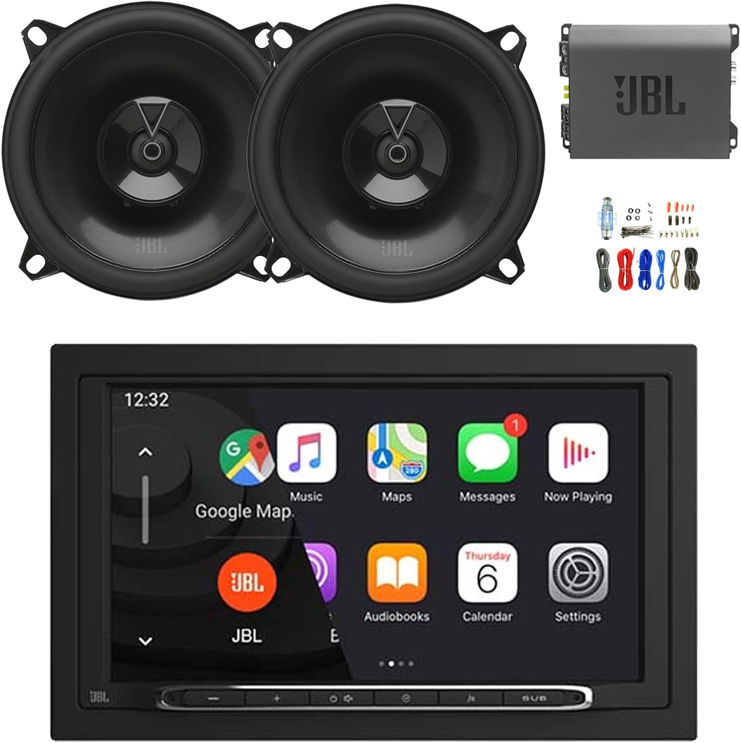 7” Touchscreen Double-DIN Bluetooth AM/FM Receiver, 2X 5.25 135 Watt Peak Power 2-Way Car Audio Speakers, Amplifier w/Install Kit