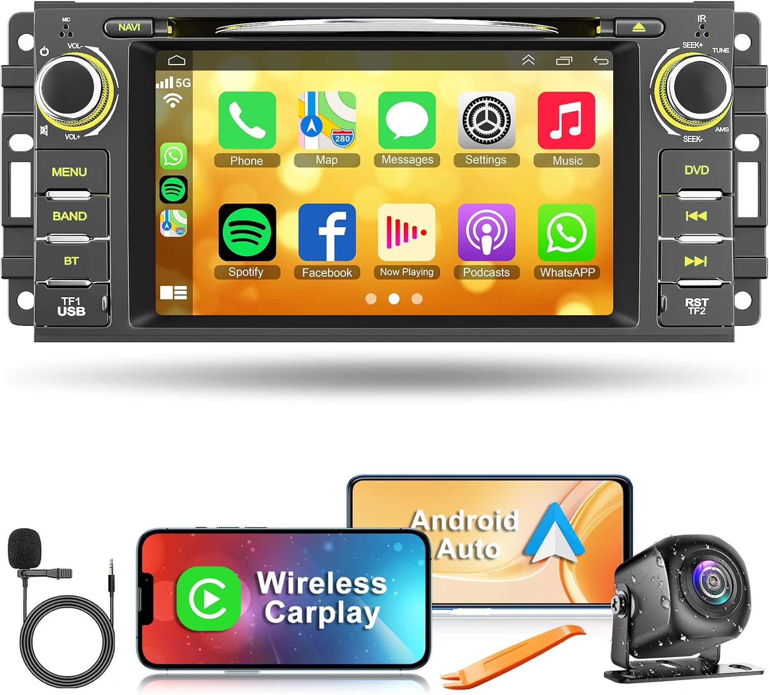 Car Radio with CD/DVD Player for Dodge RAM 1500 2500 3500 (2009-2012), for Jeep Wrangle/Unlimited (2007-2015), 7 Inch Touch Screen Car Stereo with Carplay& Android Auto, Bluetooth & GPS,FM/AM Radio