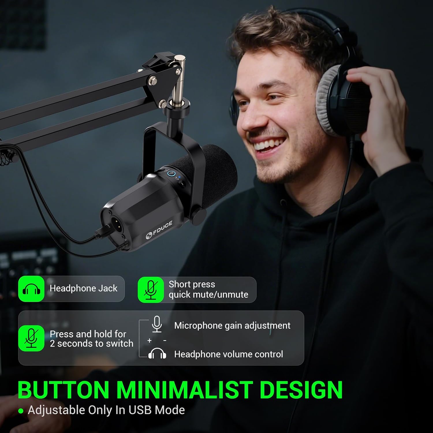 FDUCE Dynamic Microphone, XLR/USB Podcast Recording PC Microphone for Vocal Voice-Over Streaming, Studio Metal Mic with Mute, Headphone Jack, Monitoring Volume Control, with Boom Arm (SL40+)