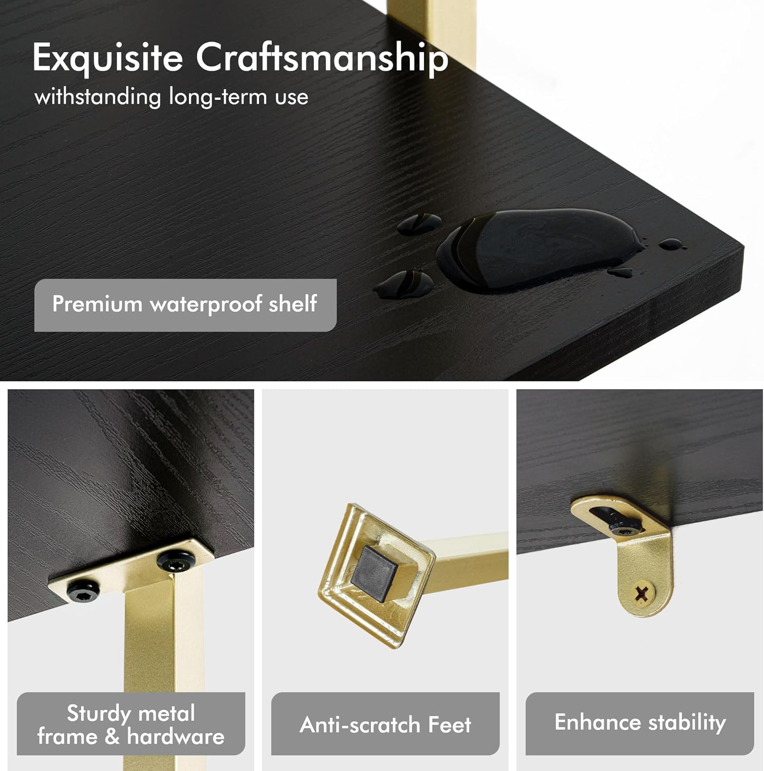 Axeman 5-Tier Ladder Bookcase, Tall Narrow Bookshelf for Small Spaces, Modern Book Storage Organizer Case Open Shelves for Bedroom, Living Room, Office, Library, Gold Metal Frame and Blakc Shelf