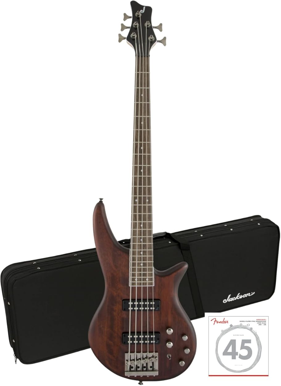 Jackson JS Series Spectra Bass JS3V 5-String Electric Guitar (Right-Handed, Walnut Stain) Bundle with Polyester Protective Hardshell Gig Bag with Zipper Pocket (Black), and Steel Strings (3 Items)