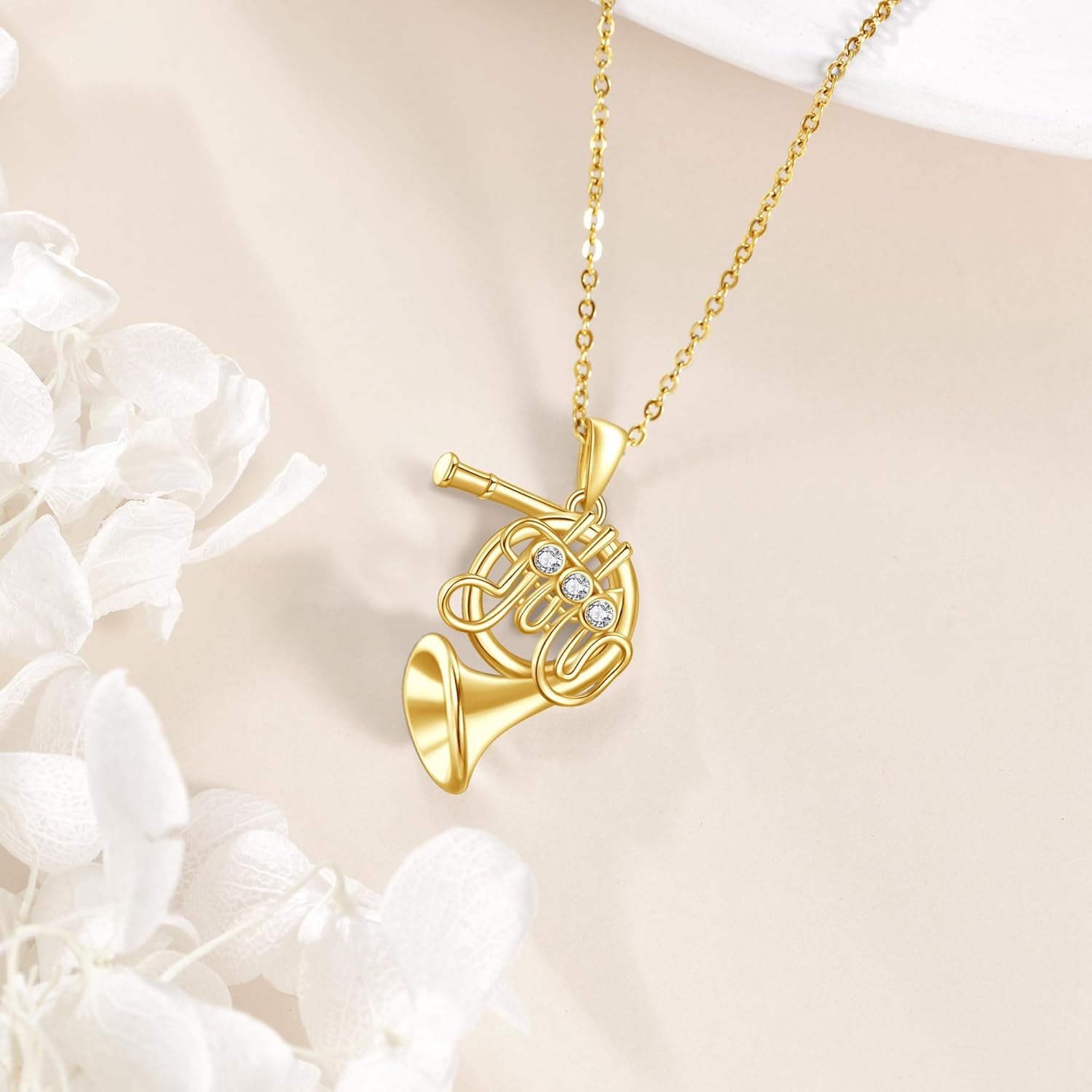 GEHN 14K Solid Gold French Horn Necklace Musical Instrument Pendant 14K Real Gold French Horn Jewelry Gifts for Women