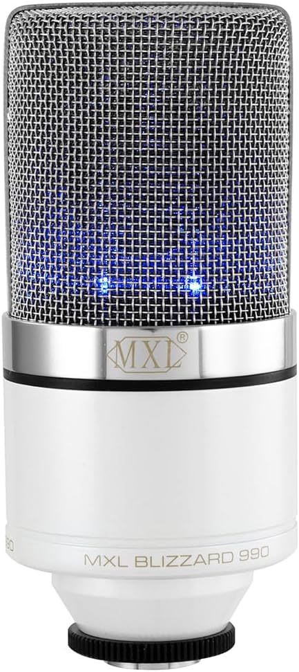 MXL 990 Blizzard LED Condenser Microphone Perfect for Any Live Stream Bundle w/Pig Hog PHM10 8mm Mic Cable, Pop Filter Polishing Cloth