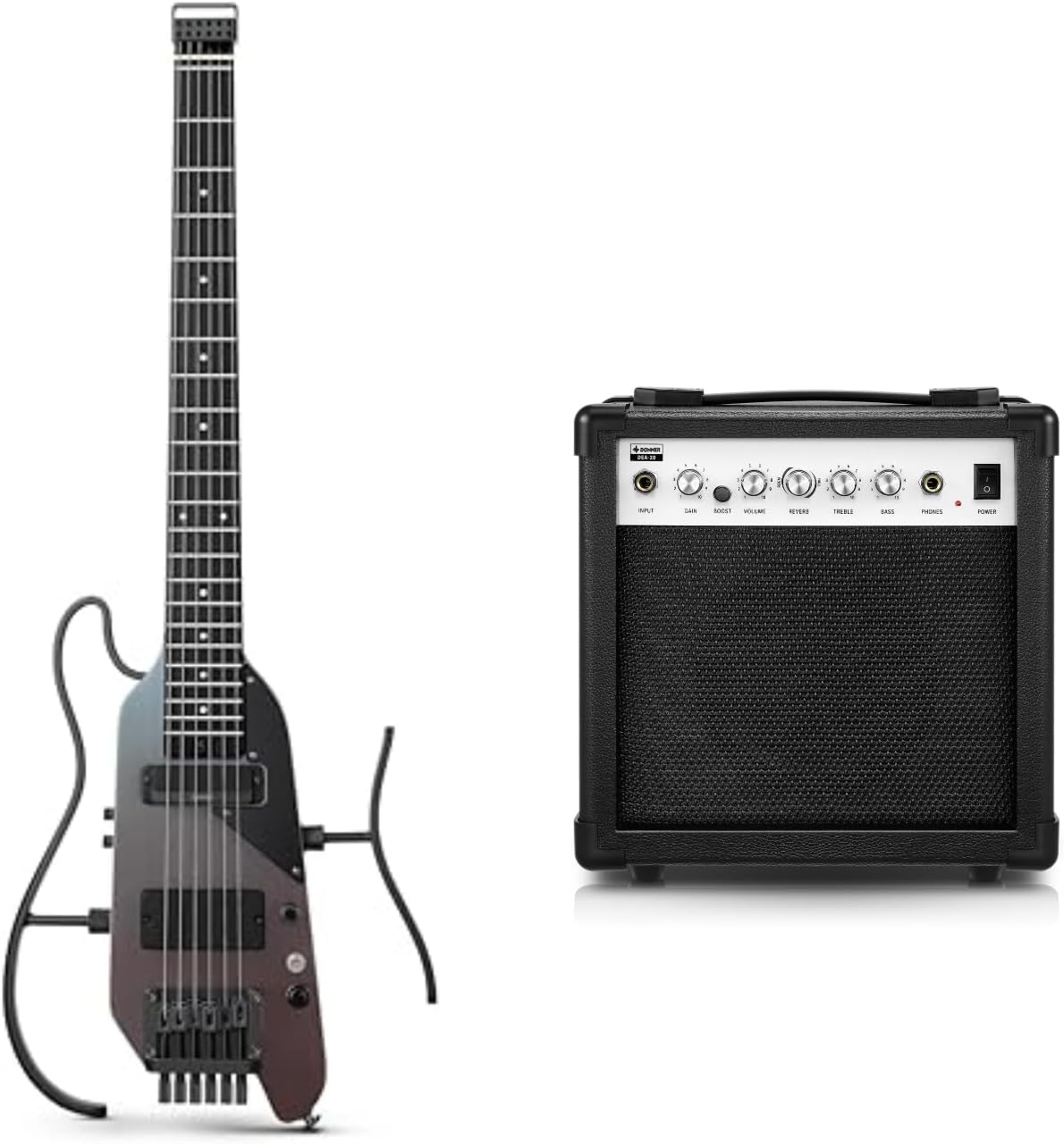 Donner HUSH X PRO Electric Guitar Kit - Smart Travel Guitar with Dozens of Preset Combinations, 7 Tone Sim Options, Midnight Glow and Donner Electric Guitar Amp 20W, DEA-20 Guitar Amplifier