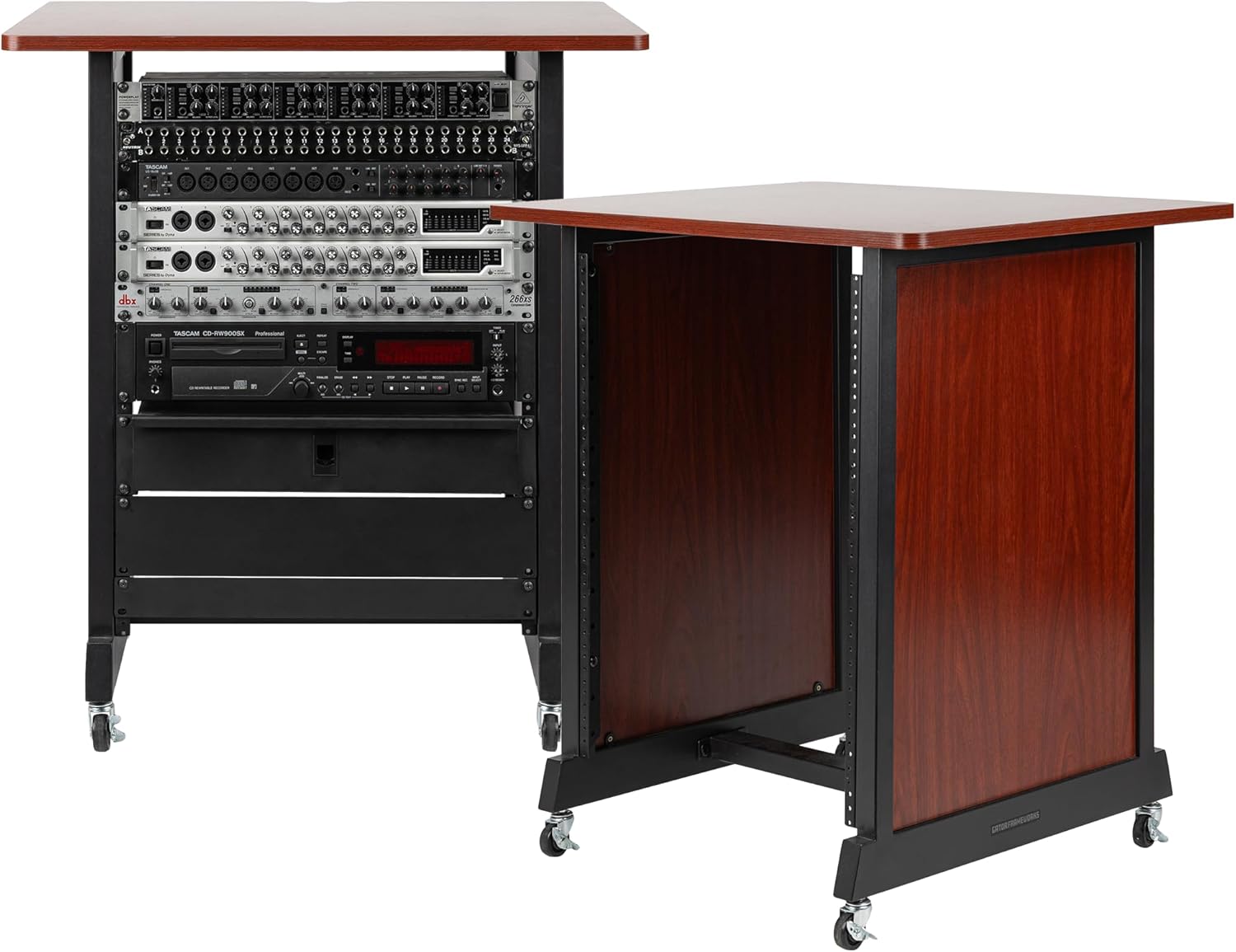 Rok-It By Frameworks Studio Series 14U Wood Rack Cabinet with Casters and Leveling Feet, Cherry (RI-STRK-14U-CH)