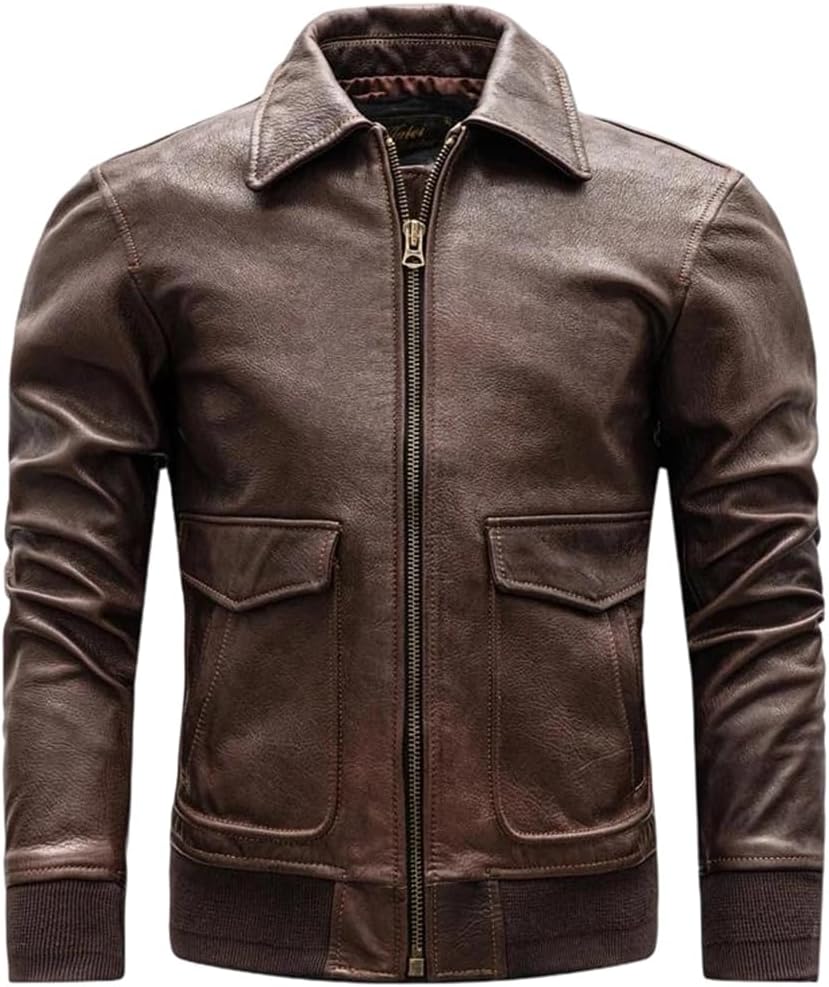 Men Military Style Plus Size Genuine Natural Cowhide Flight Brown Autumn Leather Jacket Coat
