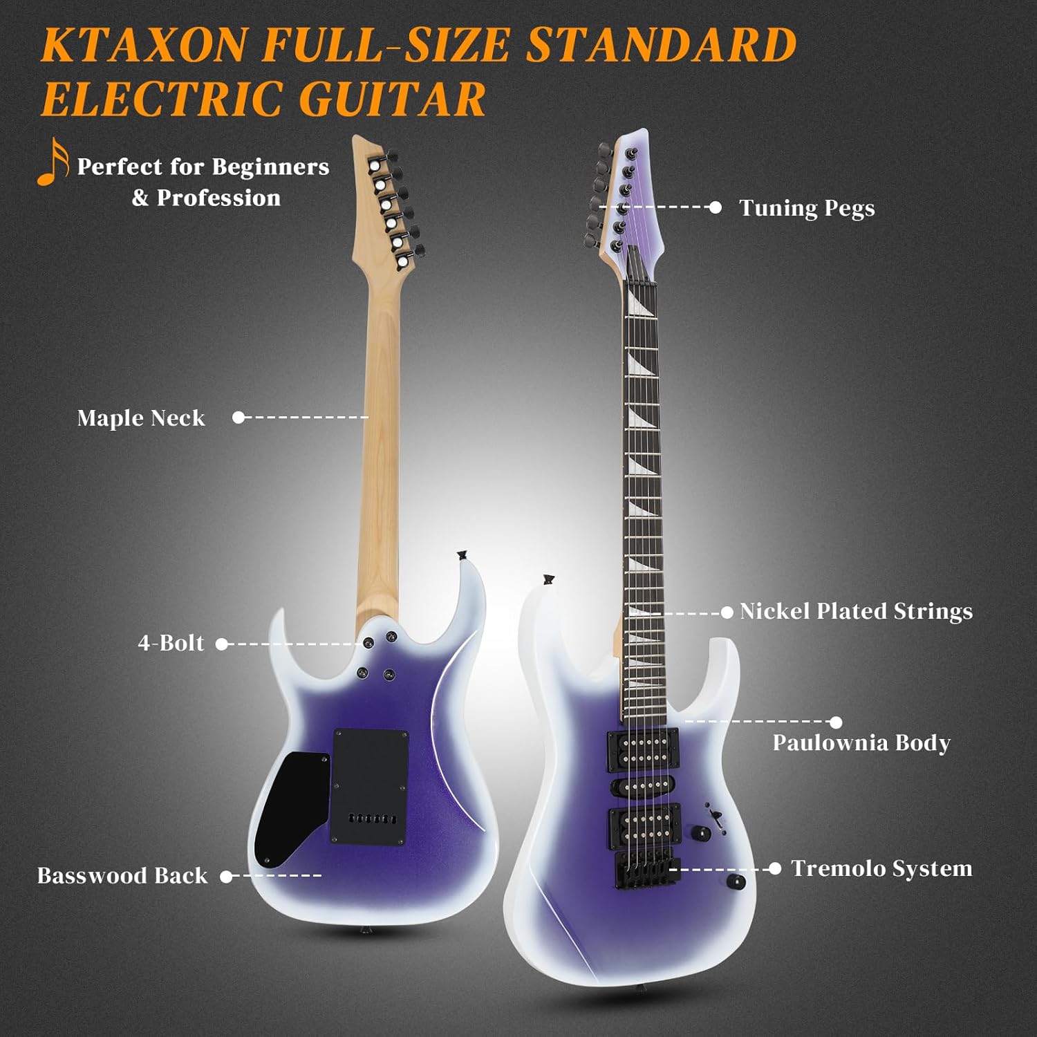 Ktaxon Full-Size Electric Guitar, Solid Body HSH Pickups 170 Guitars Beginner Kit with Gig Bag, Shoulder Strap, Tremolo Arm, Upgrade Cable, Capo All Accessories (Gradient Purple)