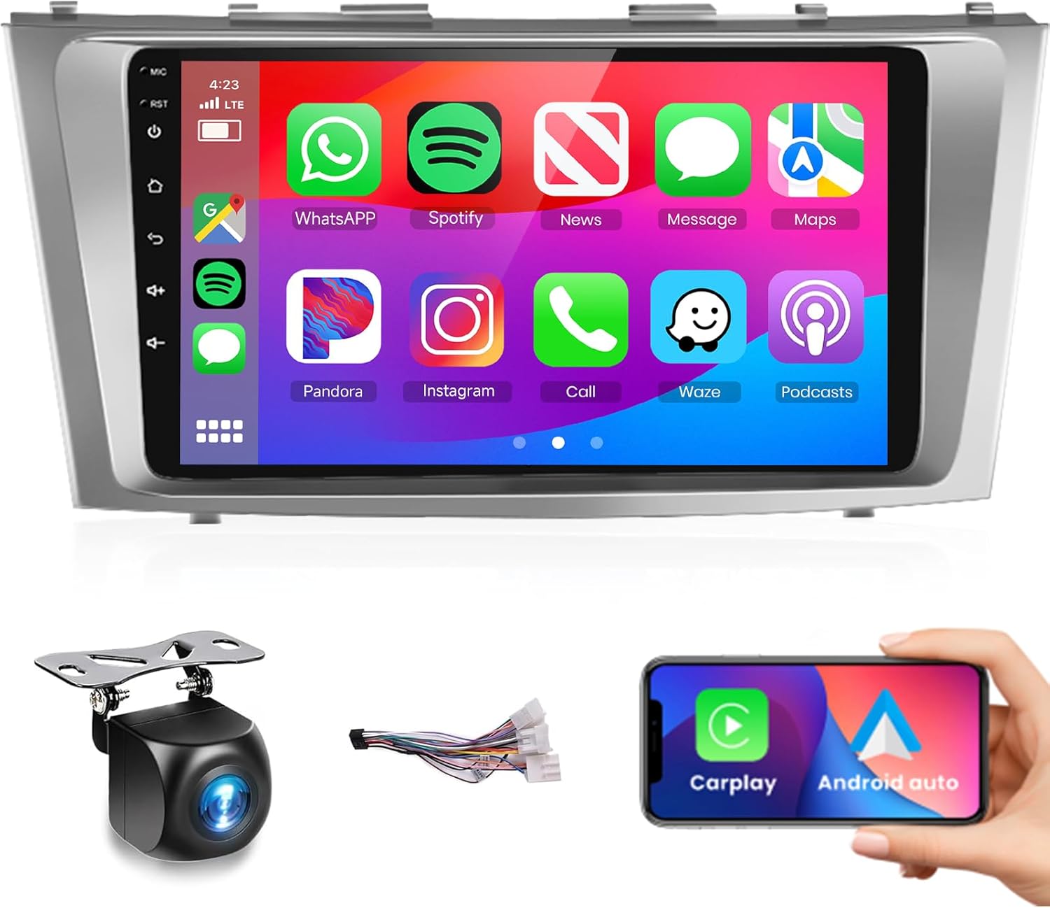 【HiFi 16EQ】Wireless Carplay for Toyota Camry 2006 2007 2008 2009 2010 2011 Radio Car Stereo, Android Auto MirrorLink, 9inch 1080P IPS Touchscreen Bluetooth GPS RCA FM Radio SWC WiFi AHD Backup Camera