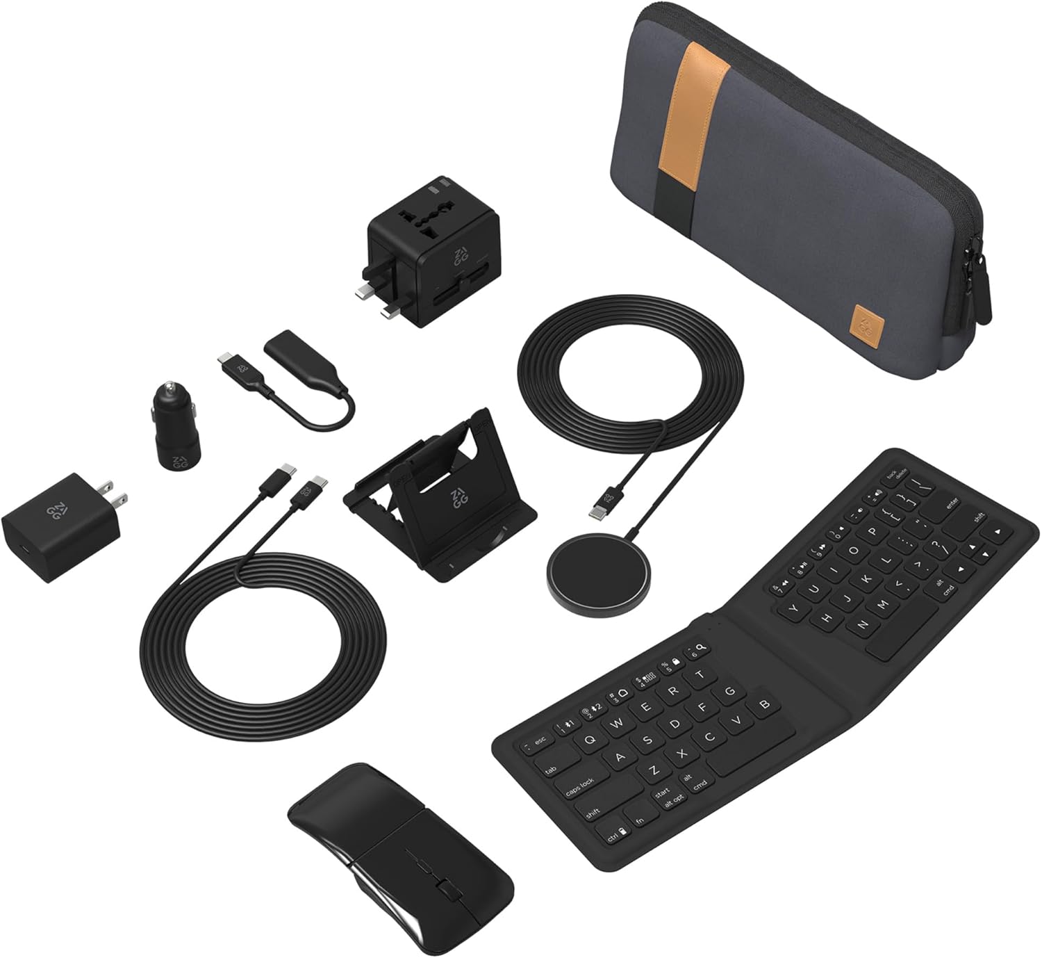 ZAGG Desktop Essentials International Travel Kit - International Power Adapter, Foldable Bluetooth Keyboard, Mouse, Wireless Charger, USB C Charging Cable, HDMI, Car Charger, 20W USB C Charging Block