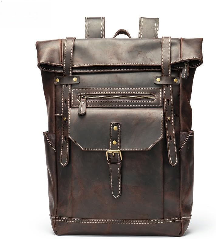 Genuine Leather Backpack for Men Laptop Bag Large Hiking Daypack Business Travel Rucksack Water Resistant Gift Box (Coffee)