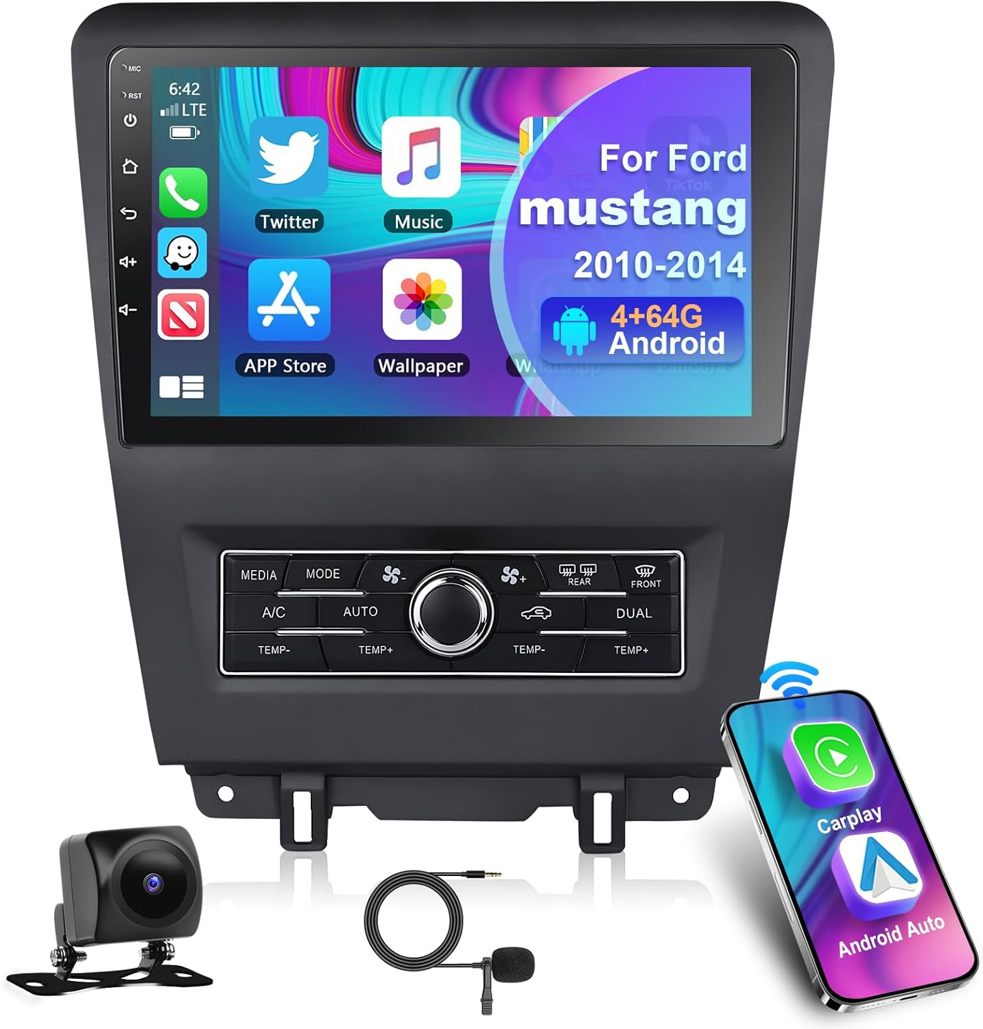 Podofo【Upgrade 4G+64G】 Car Stereo for Ford Mustang Radio 2010 2011 2012 2013 2014 with Carplay Android Auto,10 Inch Touchscreen Car Radio with Bluetooth/GPS/WiFi/SWC/FM&RDS Radio+AHD Backup Camera+MIC