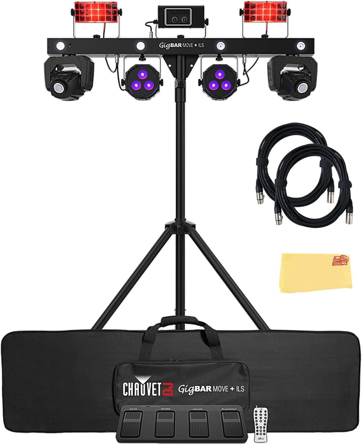 CHAUVET DJ GigBAR Move + ILS 5-in-1 Lighting System with 2 Moving Heads Bundle with 2 DMX Cables and Austin Bazaar Polishing Cloth