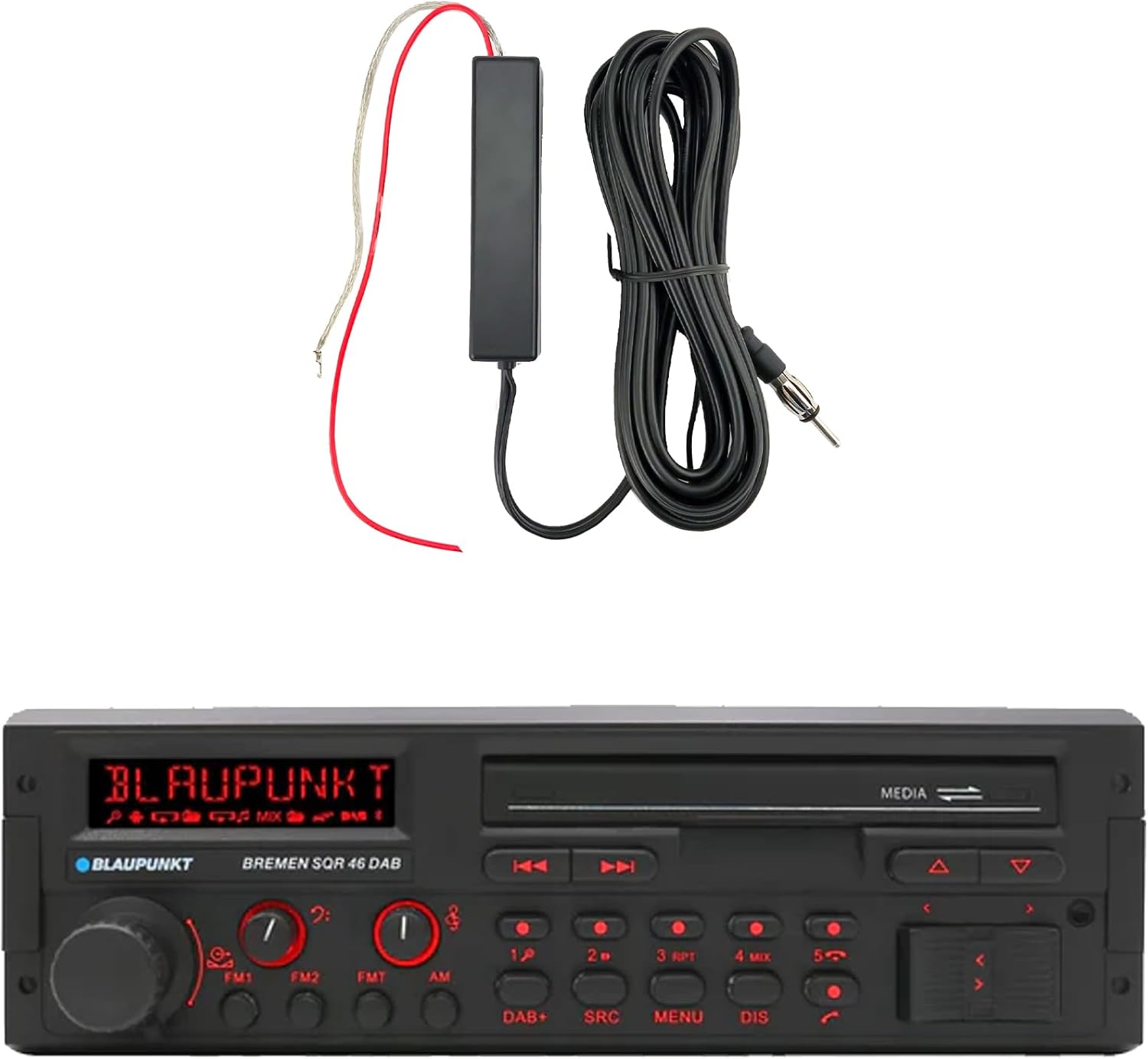 Blaupunkt Bremen Single DIN 80's Retro Classic Bluetooth USB/AUX AM/FM Radio Receiver, 12V Stereo Radio Antenna Black Signal Reception Amplifier Booster Kit (80's Retro Classic)