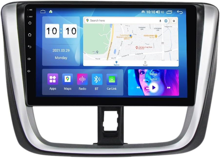 Android Car Stereo for Toyota Vios 2016-2018,10 inch IPS Touchscreen with Upgrade Wireless CarPlay & Android Auto,WiFi/GPS,Support SWC and Subwoofer,4-Core 2G+32G