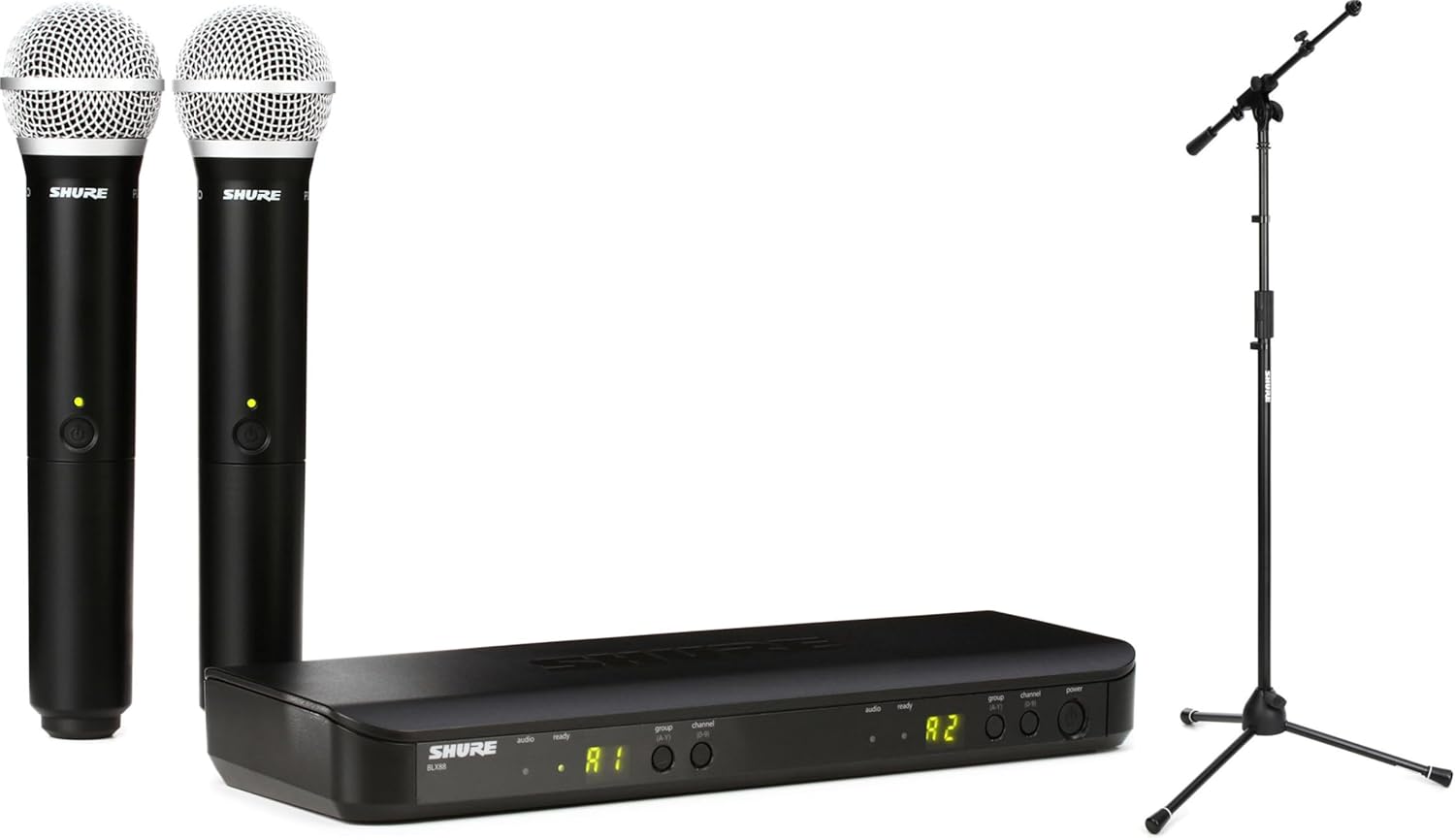 Shure BLX288/PG58 Dual Channel Wireless Handheld Microphone System H11 Band with Tripod Stands - Professional Audio Equipment for Performers, Presentations, and Events
