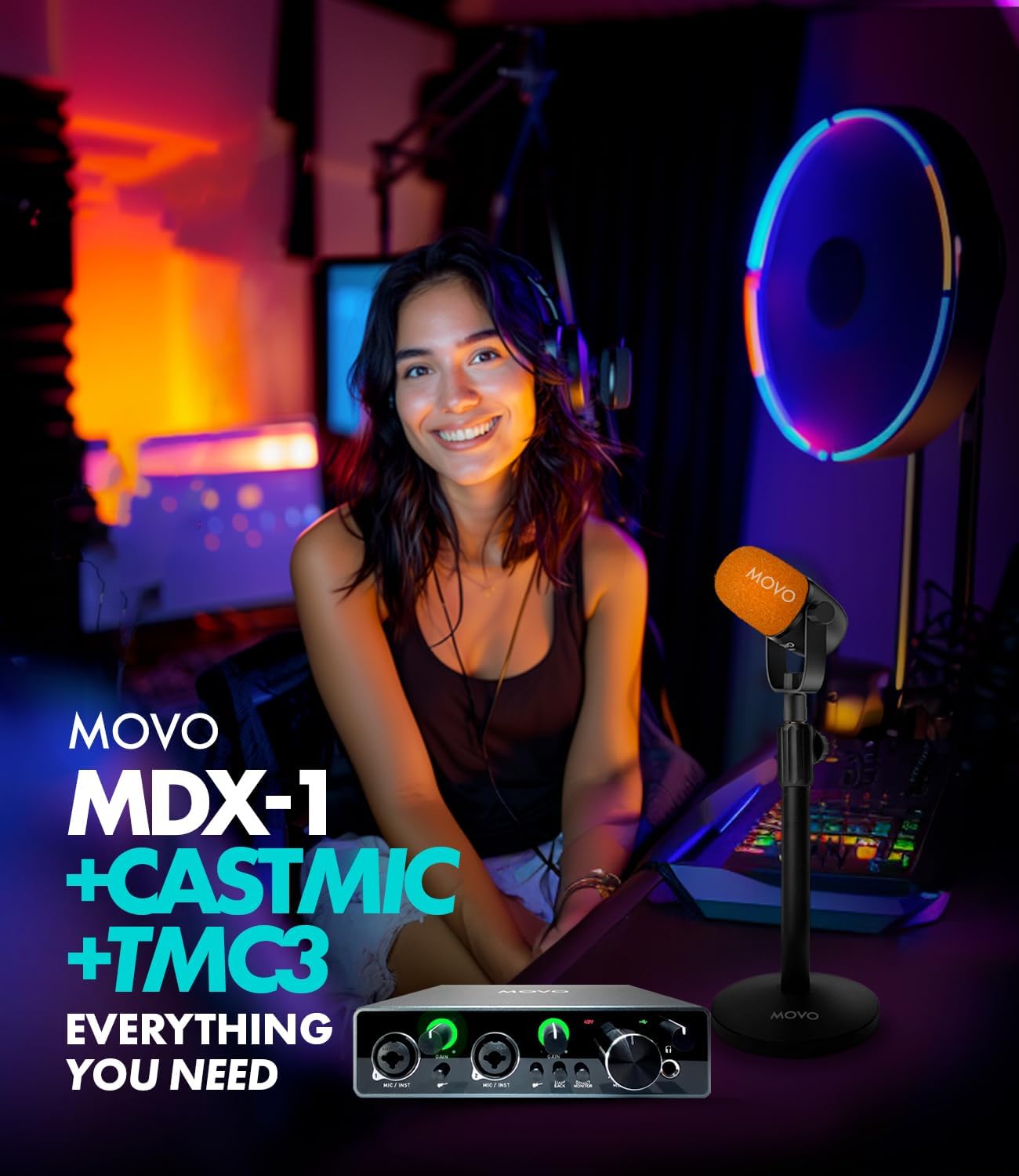 Movo Podcast Equipment Bundle for 2 with USB Audio Interface and 2 CastMic Dynamic Podcast Microphone Bundle with Mic Stands for Podcasting, Streaming, and Musicians - Podcast Kit for Computers