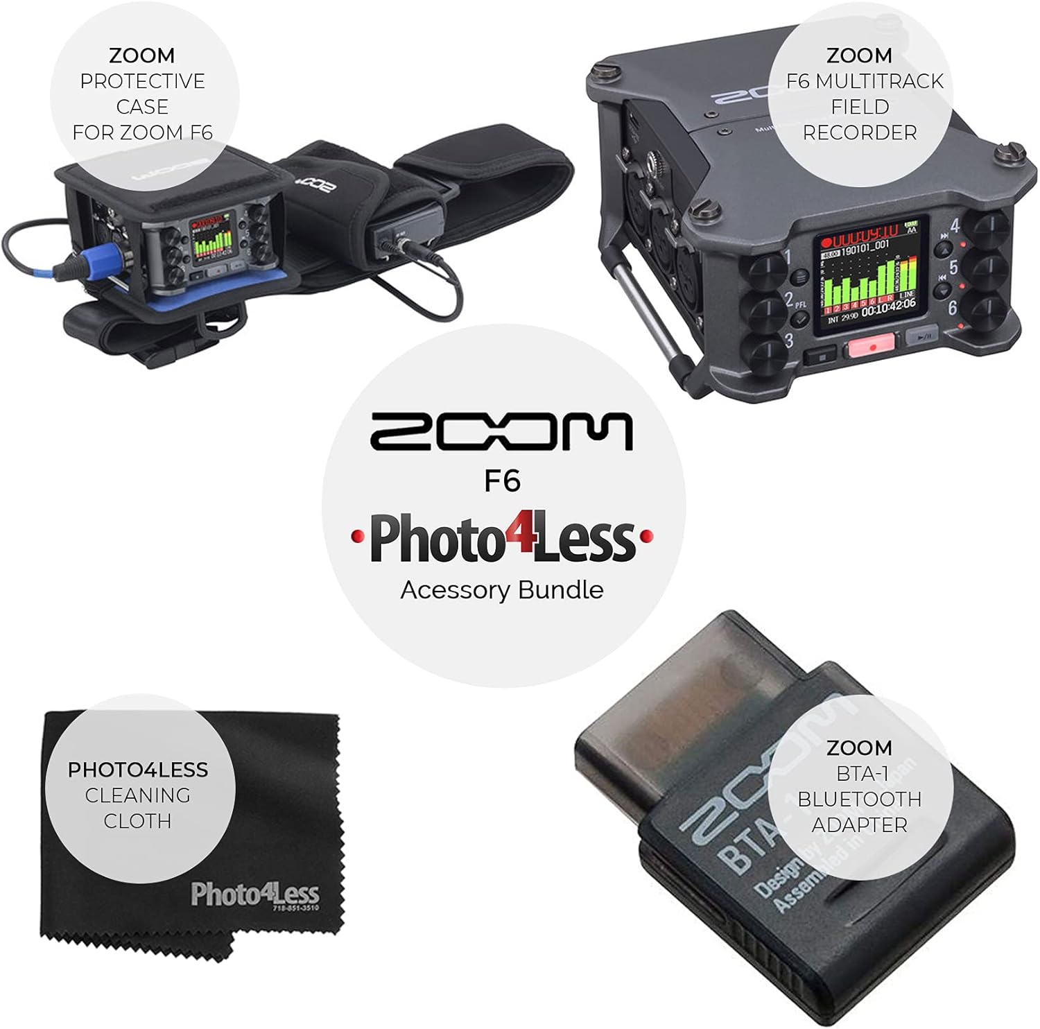 Zoom F6 6-Input / 14-Track Multitrack Field Recorder + Zoom BTA-1 Bluetooth Adapter + Zoom PCF-6 Protective Case + Photo4Less Black Cleaning Cloth – Top Value Accessory Recording Bundle
