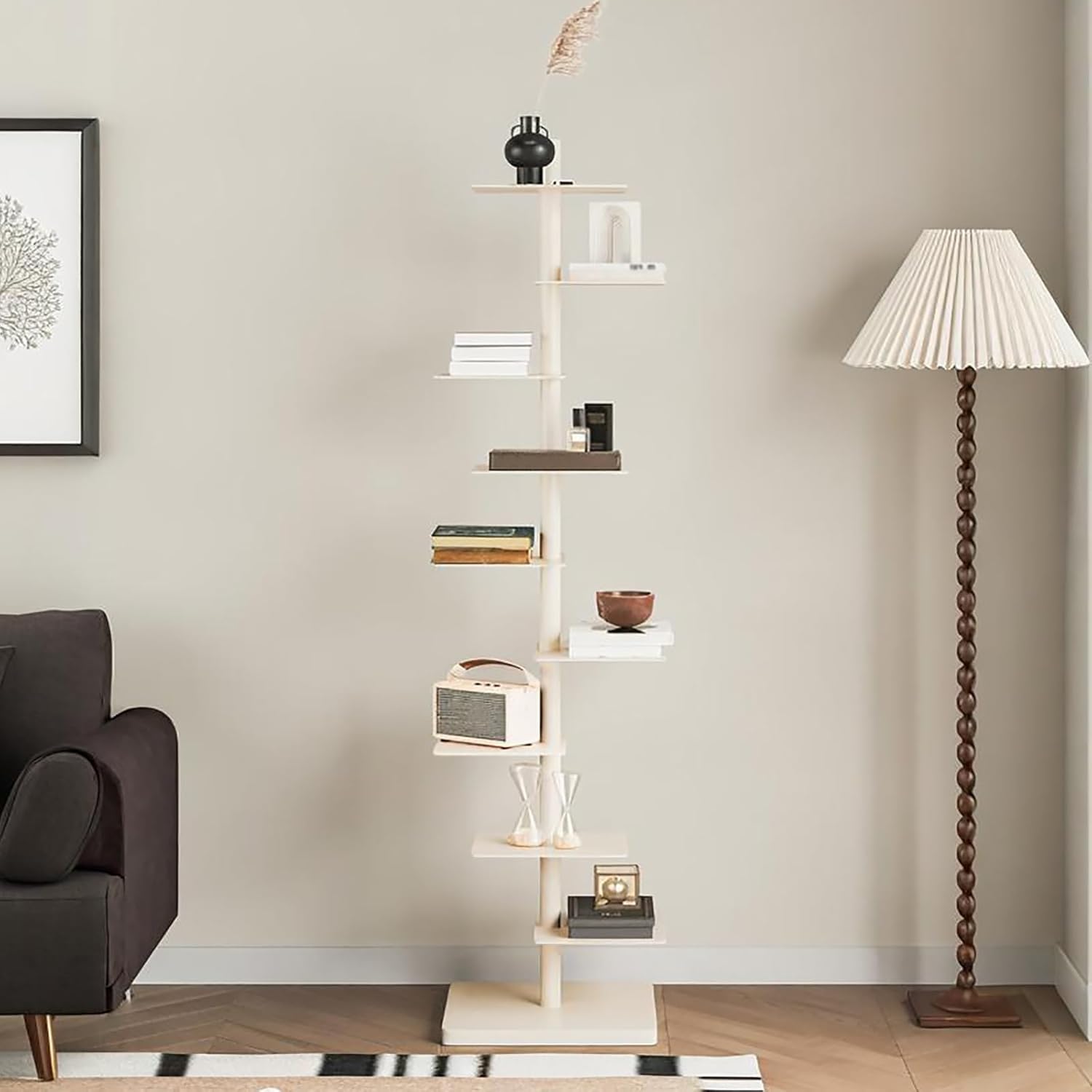 9 Tier Metal Spine Bookshelf Tower, Vertical Bookshelf, Adjustable Vertical Spine Book Tower Floor, Tall Open Display Storage Organizer for Study Room, Living Room(White)