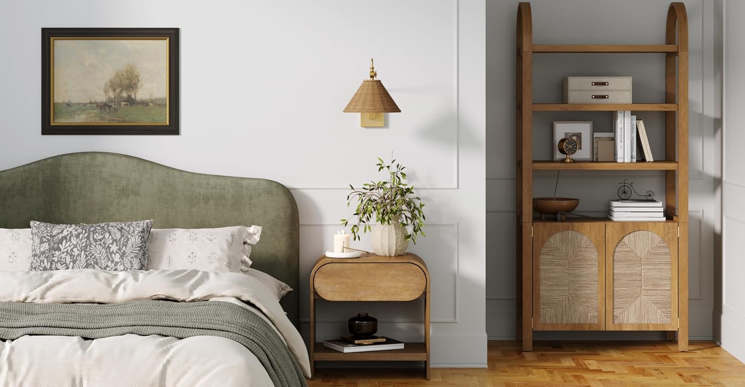 Nathan James Celeste Rattan Wall Light, Modern Farmhouse Wall Mounted Plug in Light, Wall Mount Reading Lamp for Bedside with Rattan Shade Set of 2