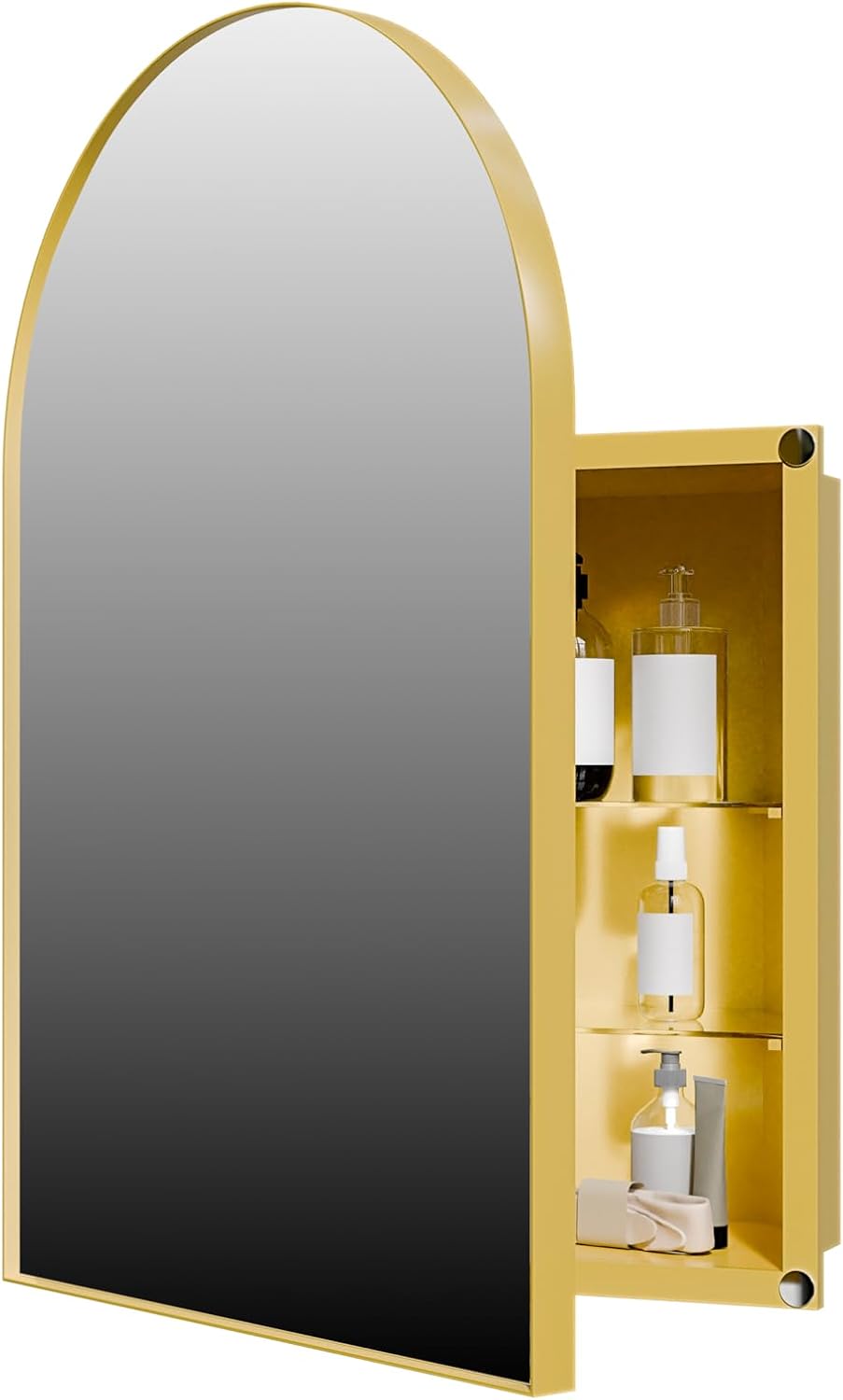 Space-Saving Metal Corner Medicine Cabinet with Arched Mirror & Adjustable Glass Shelves – Wall-Mounted Bathroom Storage Organizer for Small Spaces (Golden)