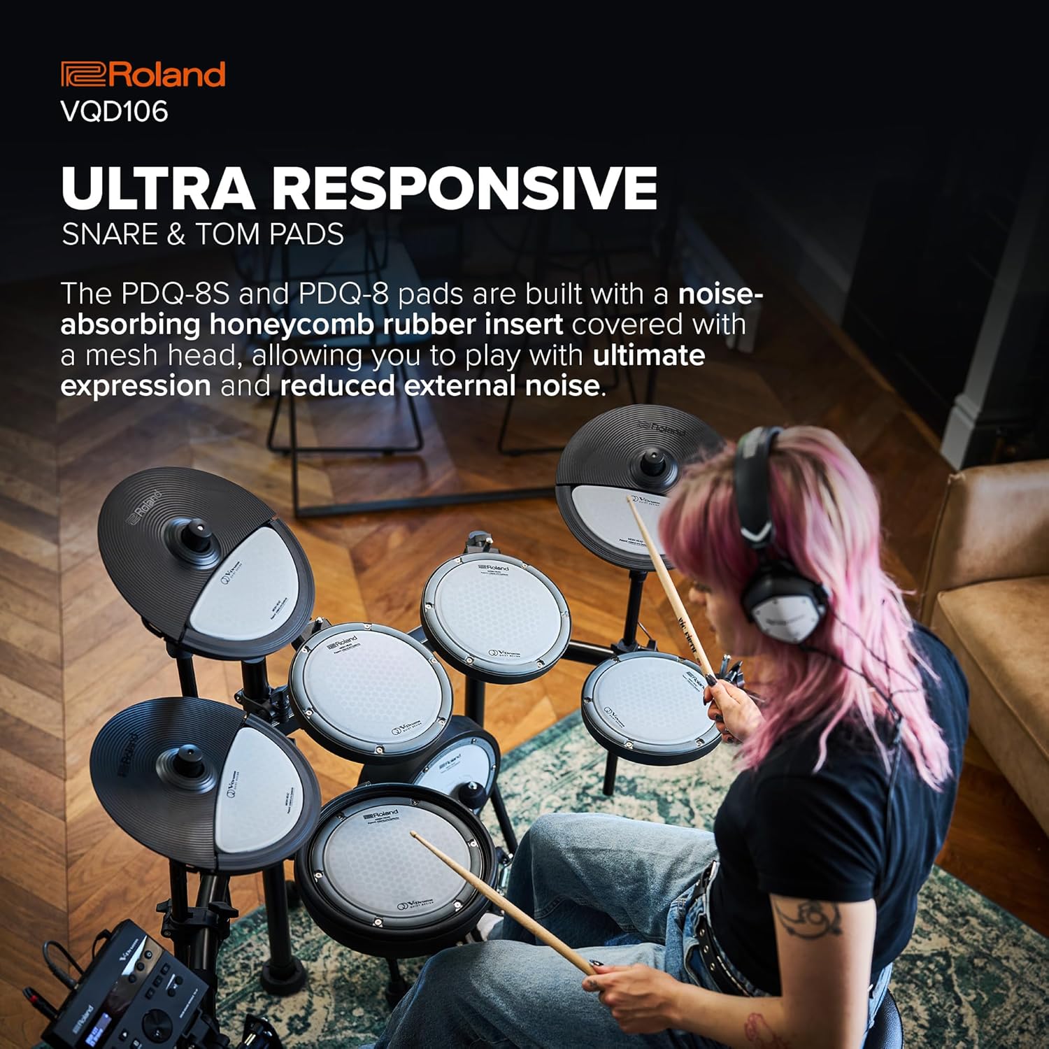 Roland VQD106 V-Drums | Revolutionary 5-Piece Electronic Quiet Design Drum Kit | Perfect for Home Practice | Up To 75% Noise Reduced Pads | TD-07 Sound Module | Bluetooth Connectivity