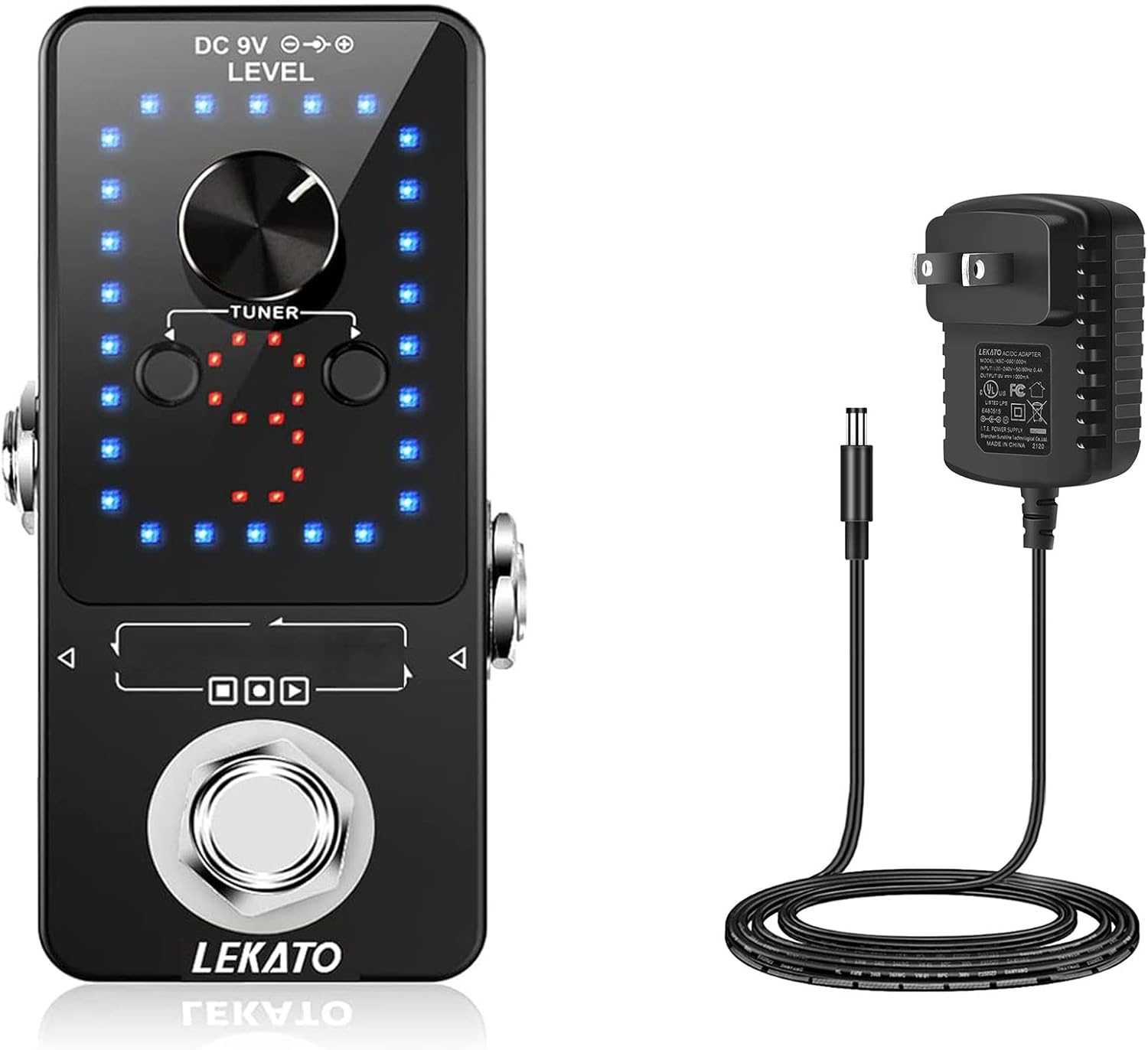 LEKATO Guitar Effect Pedal Guitar Looper Pedal Tuner Function 9 Loops 40 minutes Record Time with USB Cable and 9V 0.6A Pedal Power Supply Adapter