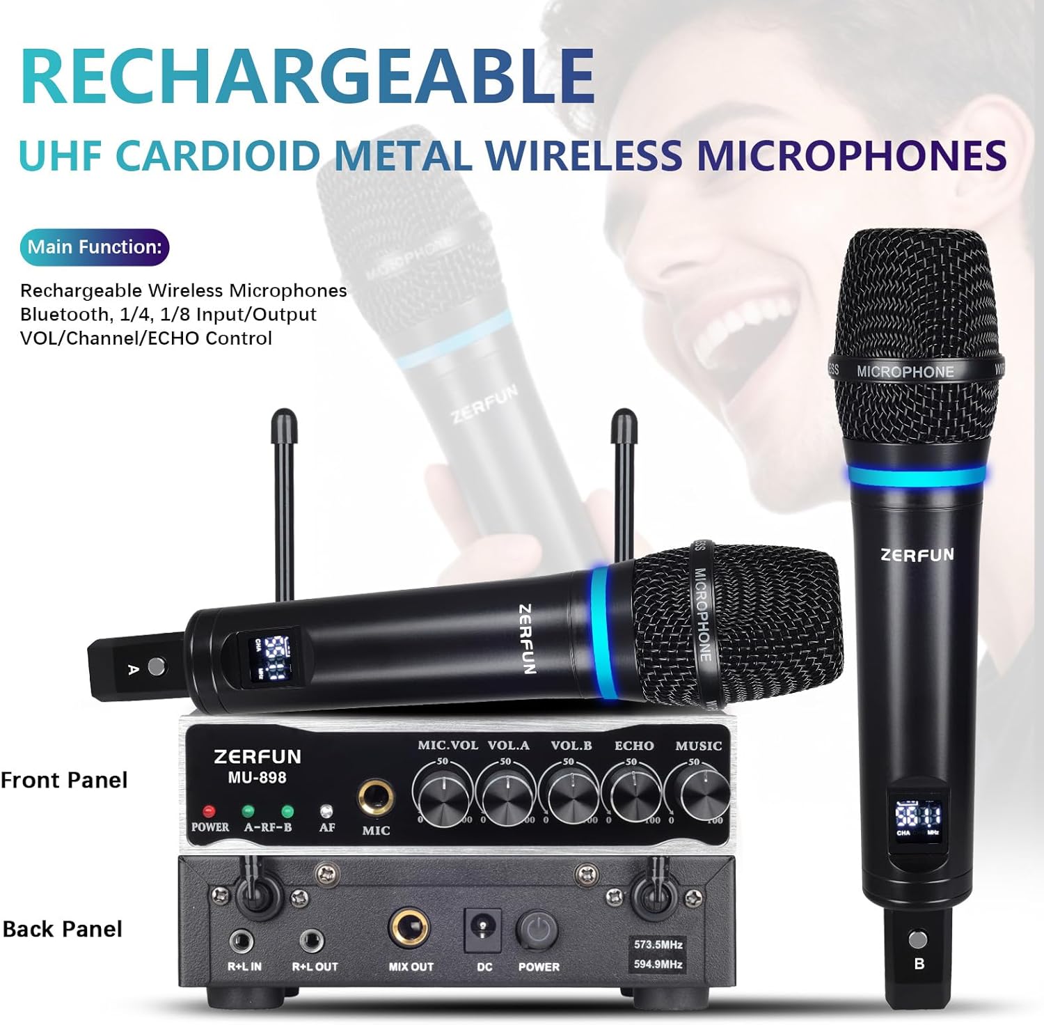 2 Channel Rechargeable Wireless Microphone System, Pro UHF Metal Handheld Wireless Microphones Cordless Mics with Echo Bluetooth VOL Channel Control for Karaoke Singing Church(MU-898)