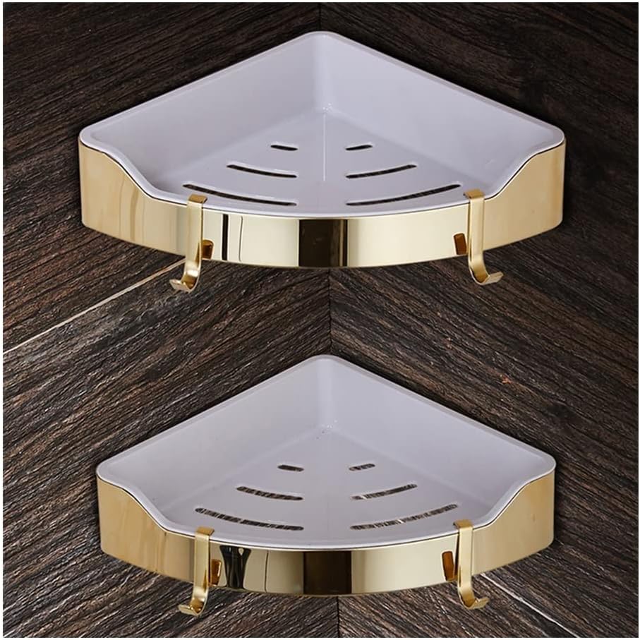 Gold Stainless Steel Corner Shower Caddy - Wall-Mount Triangle Storage Rack for Bathroom, Kitchen & Cosmetics - Brushed Nickel Finish, Durable ABS Plastic, Draining Design, Stylish Shelves(Gold Double