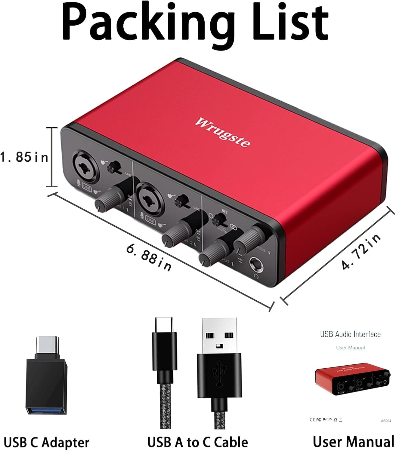 USB Audio Interface (24Bit/192kHz)+48V Phantom Power for Computer Recording Podcasting and Streaming Plug and Play Noise-Free Wrugste XLR 2i2 Audio Interface for PC No Software Included