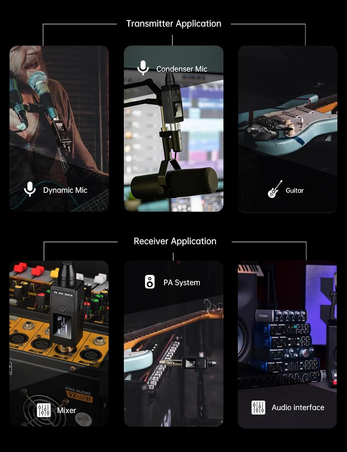 EBJ Wireless Microphone System UHF wireless XLR transmitter and receiver for dynamic/capacitive microphones, 48V Phantom power supply, electric guitar/bass, audio mixer, PA system (One drag two)