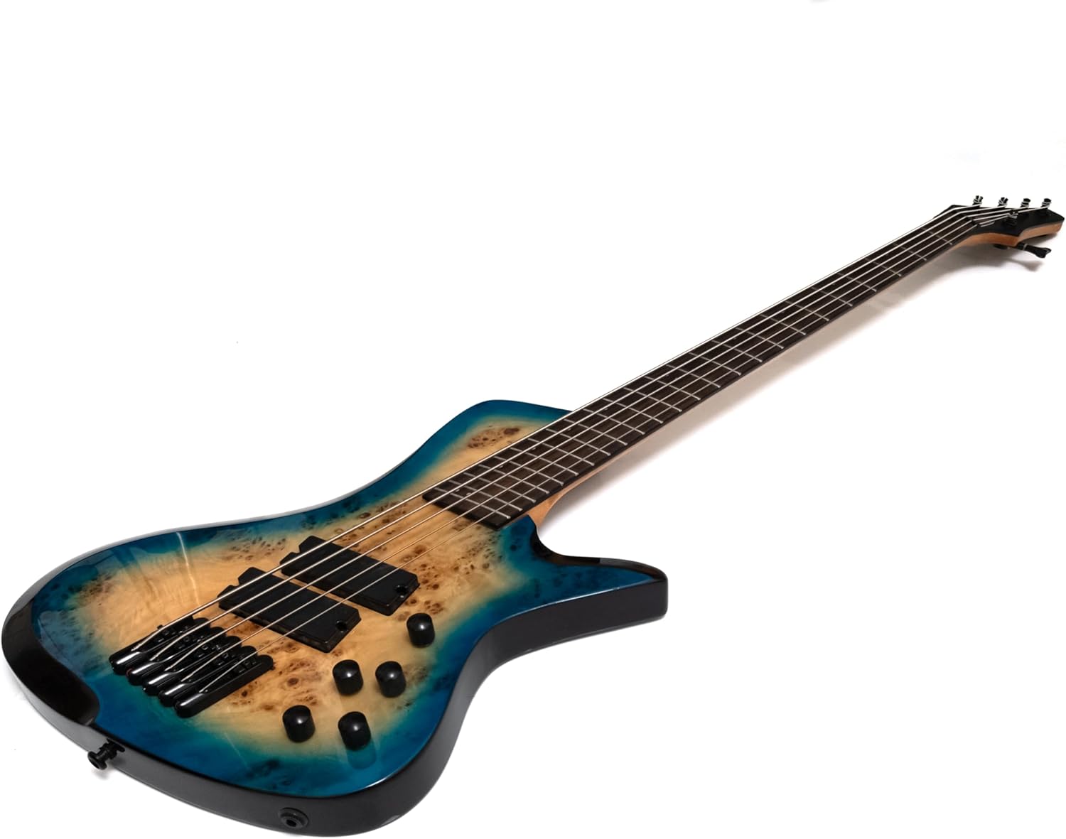 Upgrade Fanned Fret 5-String Bass Guitar, Multi-Scale 34.5–36.25″, Blue Burl Burst, Roasted Maple Neck, Rosewood Fingerboard, Active/Passive Humbuckers, 3-Band EQ, Jumbo Frets, Black Hardware