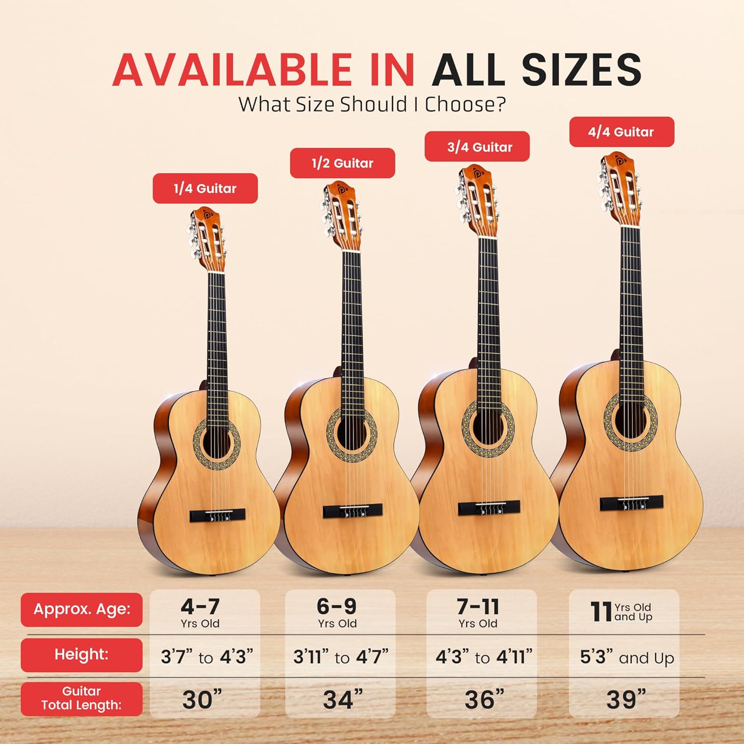 Pyle Beginner 6 String Acoustic Guitar Kit, 1/4 Junior Size Classical Instrument for Students, 30