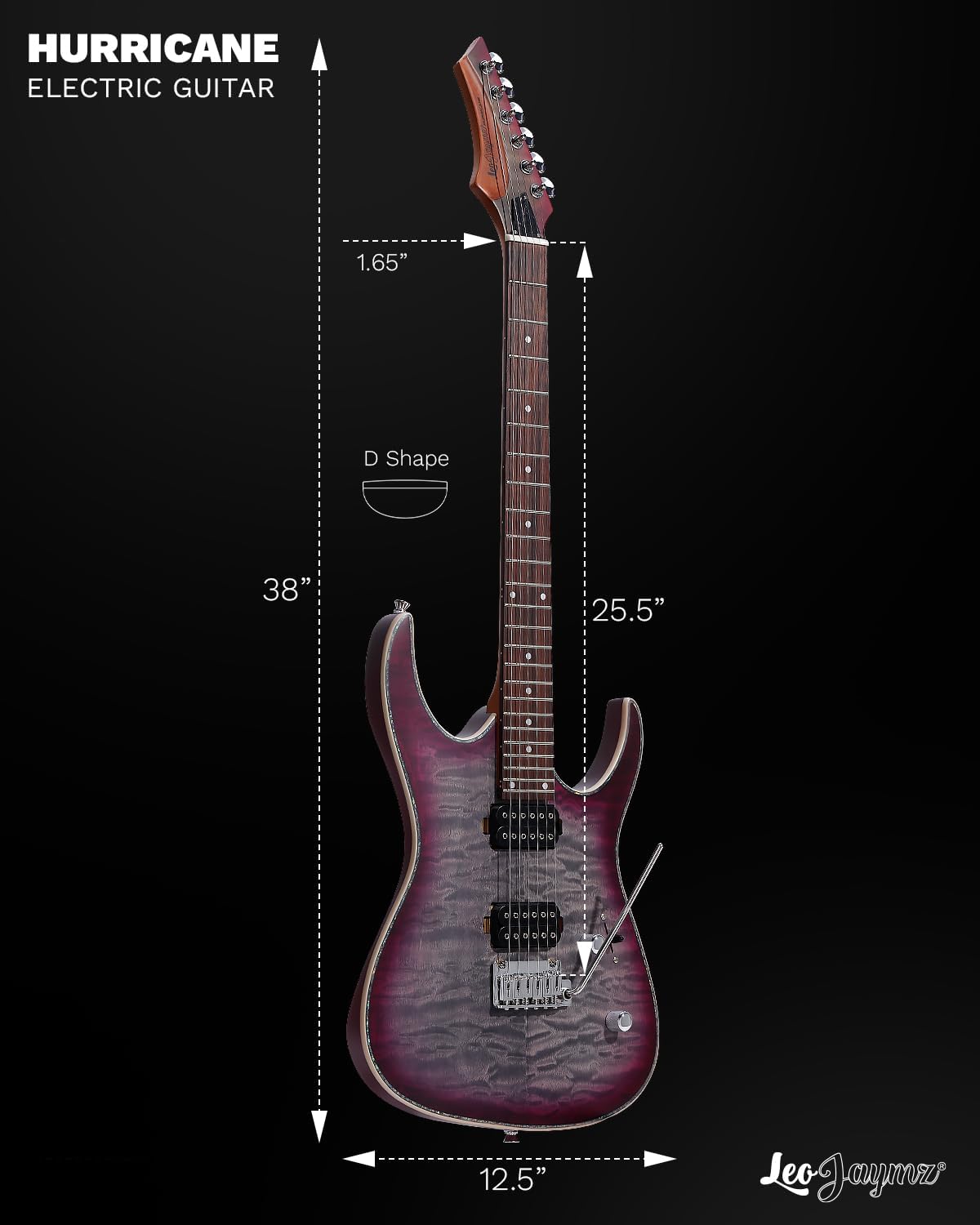 Leo Jaymz Hurricane Series Electric Guitar,Double Cut Arched Top Mahogany Body,Reverse Headstock,Roasted Maple Neck,Rosewood Fretboard,Alnico V Pickups,Locking Tuners,Tremolo Bridge (Purple Black)