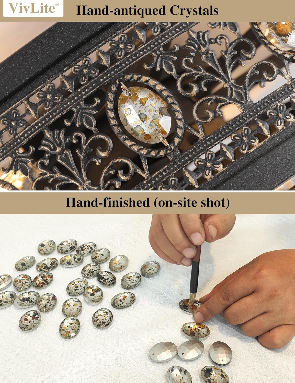 Caged Ceiling Fans with Lights,Vintage Victorian Rustic Crystal Fandelier,Low Profile Flush Mount,Small Enclosed Bladeless Ceiling Fan with Light for Bedroom,Kitchen,Living Room,Dining Room