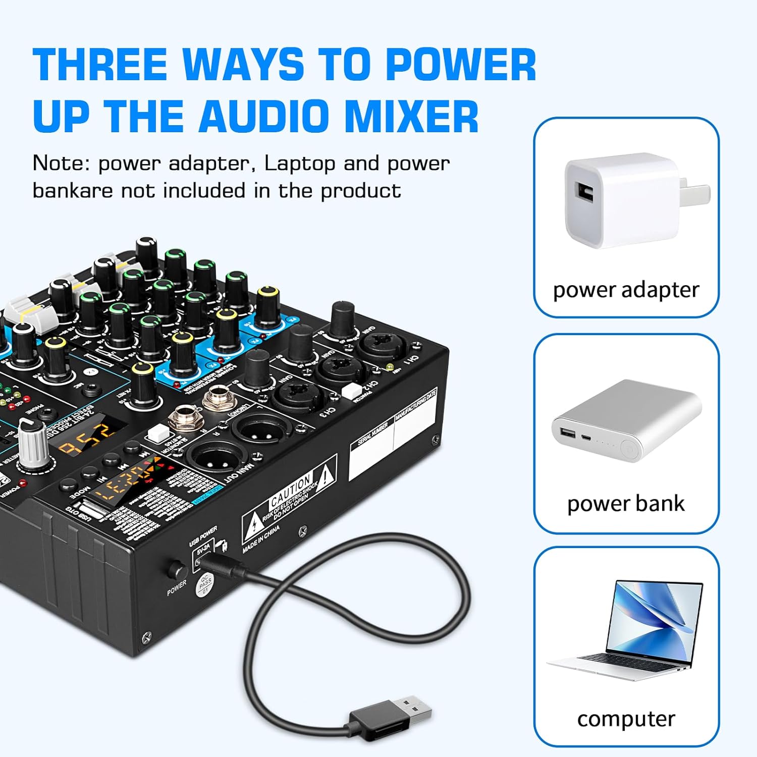 Depusheng Professional Audio Mixer Digital FX 256-Bit DSP USB Bluetooth MP3 Computer DJ Mixer 5 Channel input Interface with 48V Phantom Power for PC recording Live Streaming, Podcasting, Karaok
