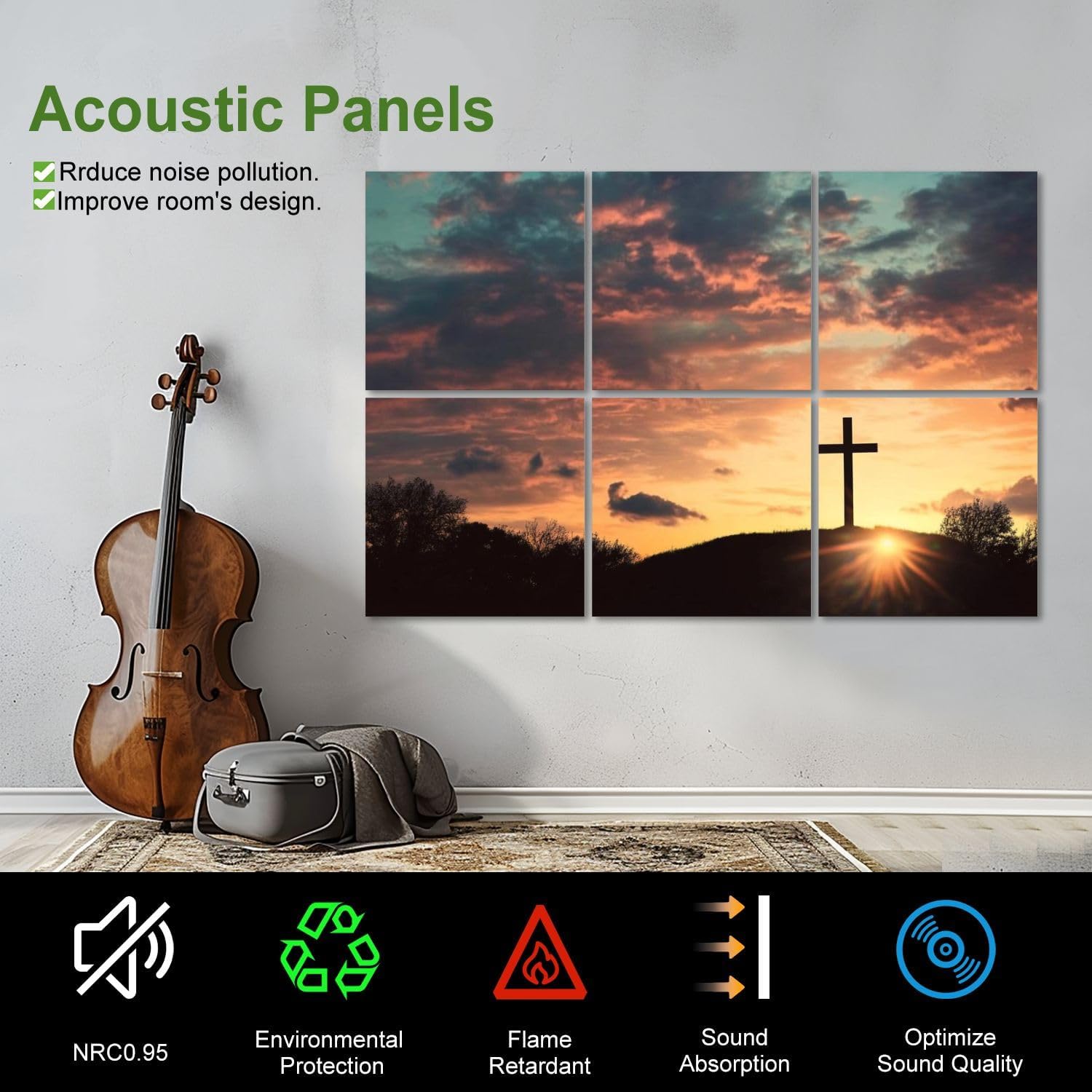 Art Acoustic Panels Self Adhesive Easter Crucifixion scene three 6Packs Decorative Soundproof Wall Panels Large Sound Absorbing Panels for Home Office 48