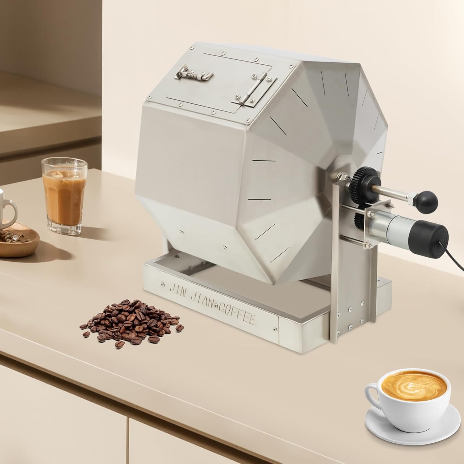 14W Commercial Coffee Bean Roaster, DC12V 14.5L Automatic Rotating Drum Roaster Adjustable Speed Stainless Steel Roasting Machine for Home Coffee Shops Restaurants