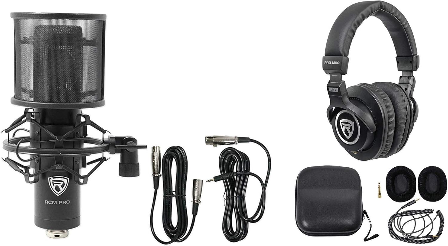 Rockville RCM PRO Bundle: Studio Recording Condenser Microphone with Samsung Capacitors, PRO-M50 Studio Headphones with Detachable Coil Cable, Case, Extra Ear Pad, 2-Items