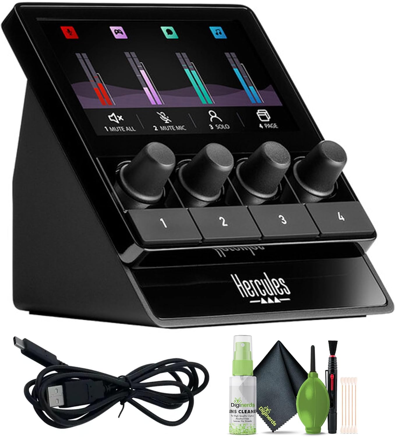 Hercules Stream 100 Audio Mixer for Content Creators, Up to 8 Tracks, LCD Screen, High Resolution Encoders, 4 Actions Buttons and Customizable Interface Bundle With Cleaning Kit