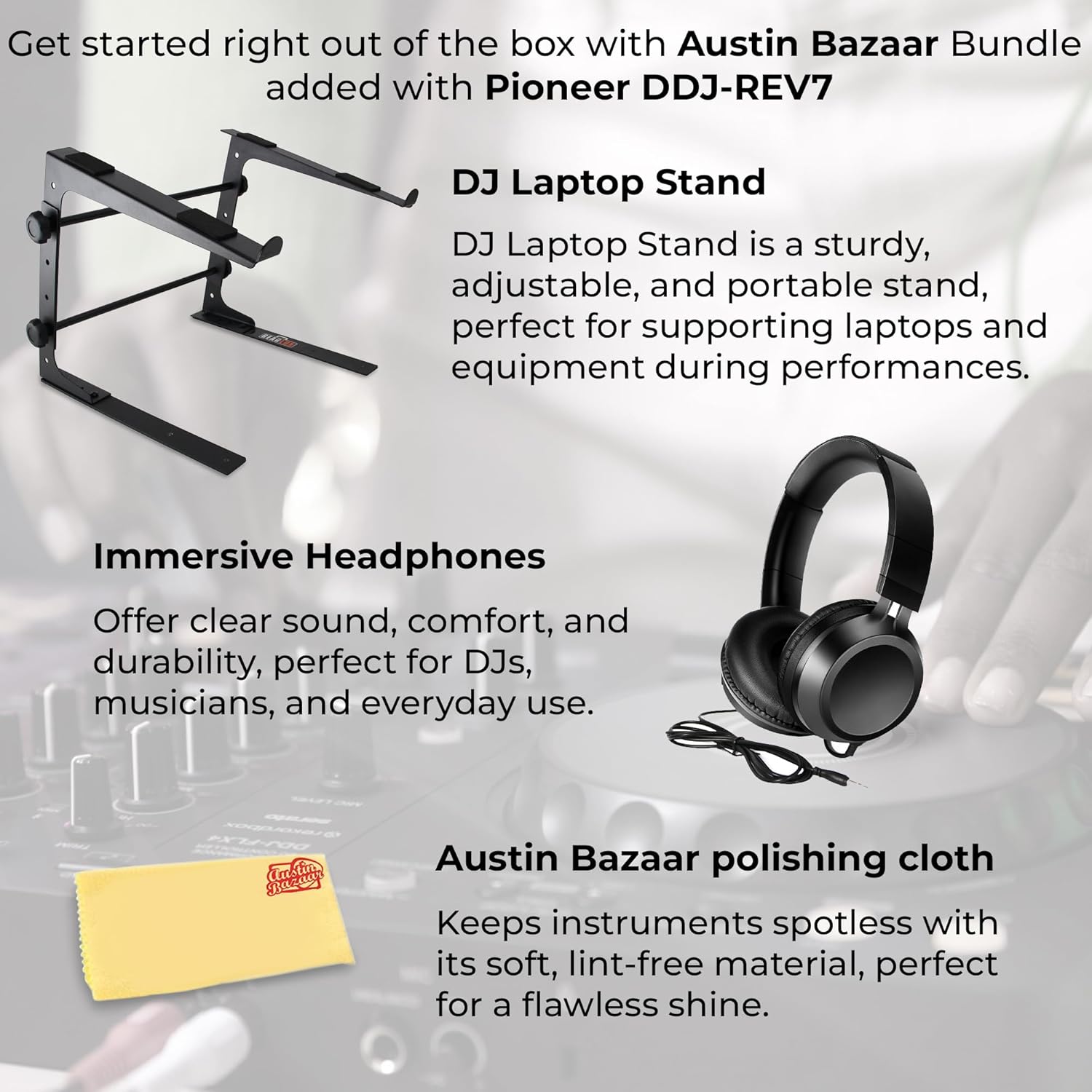 Pioneer DDJ-REV7 Scratch-Style 2-Channel Professional DJ Controller - Black Bundle with Laptop Stand, Headphones, and Austin Bazaar Polishing Cloth