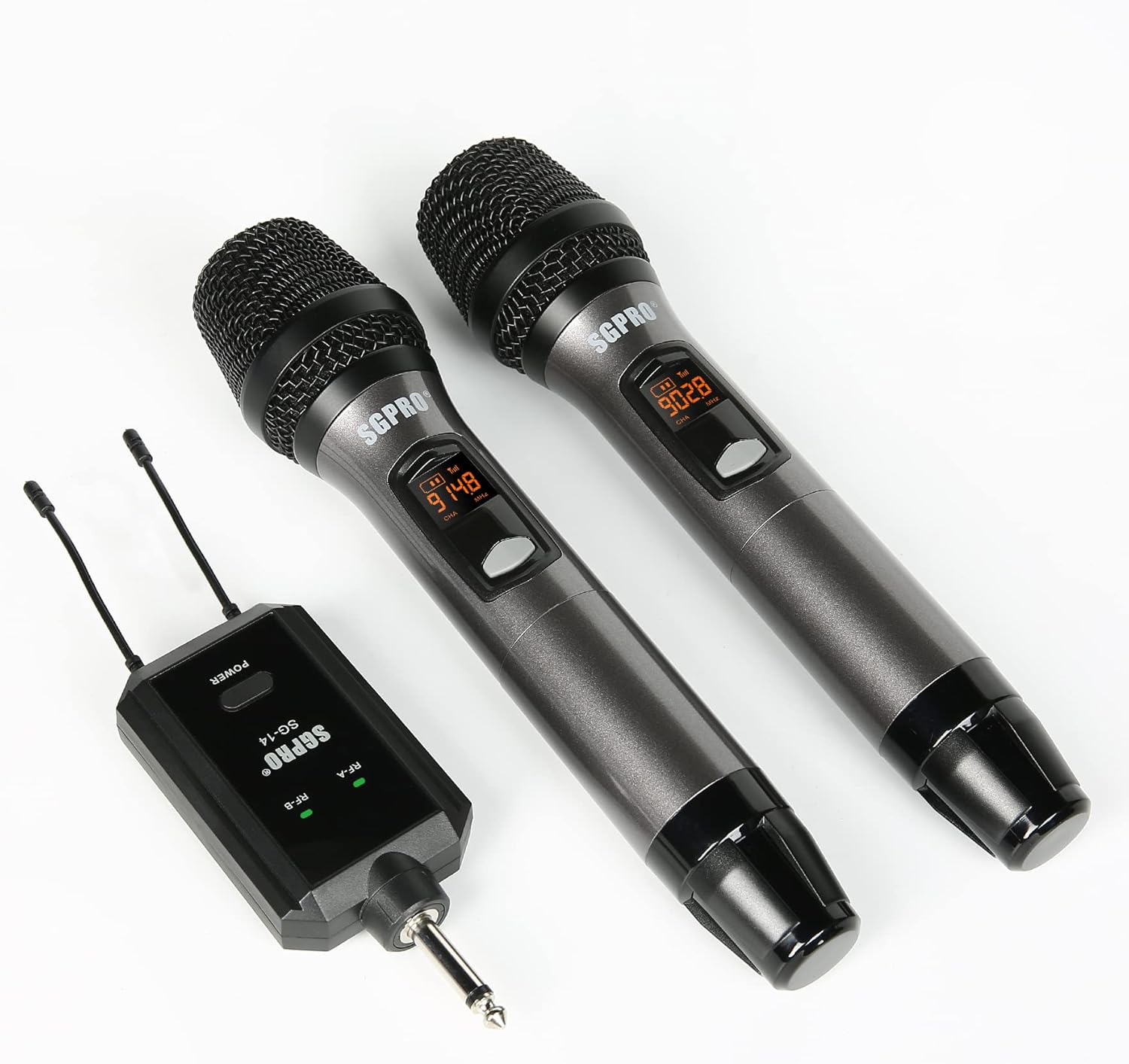 Multiple-Purpose Wireless Microphone Set Compact Receiver Mute Function Battery Indicator for Singing, DJ, Speech, Classroom, Church, Home Karaoke and More (SG-14 | Dual Handheld Set)