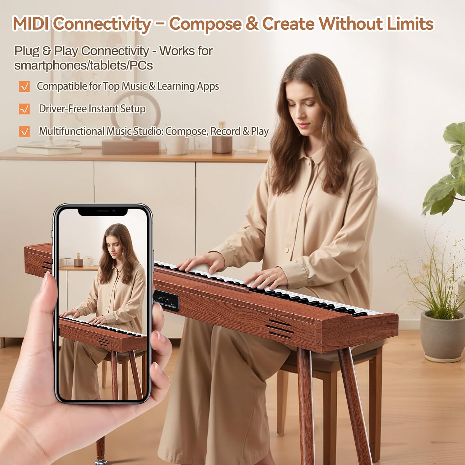 TERENCE Digital Piano 88 Key Semi-Weighted Keyboard,Full-Size Keyboard Piano for Beginners,Electric Piano with Stand,Triple Pedal,Removable Music Stand,Power Adapter