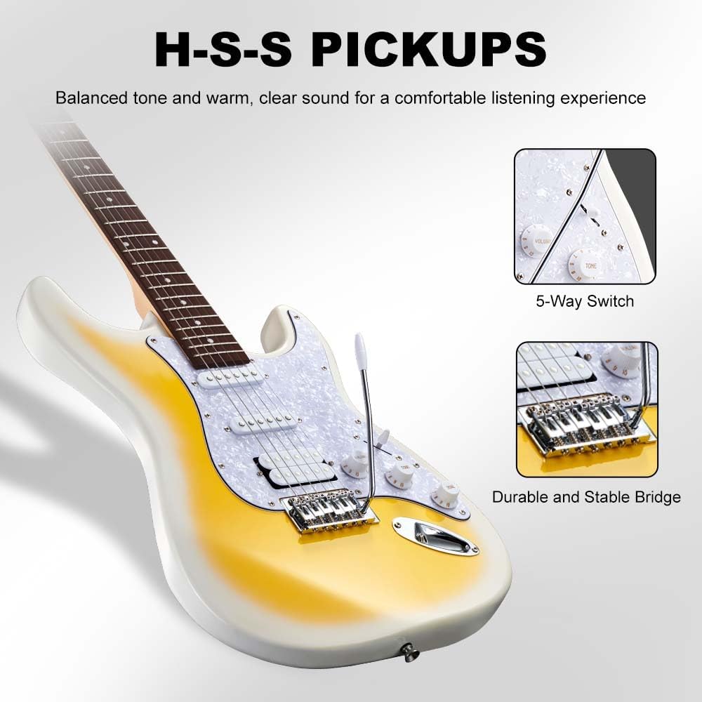 39in Electric Guitar Kit, Full Size Beginner Electric Guitar Starter Kit, Solid Body HSS Pickup with Guitar Strap, Cable, Picks, Strings (LemonBurst)