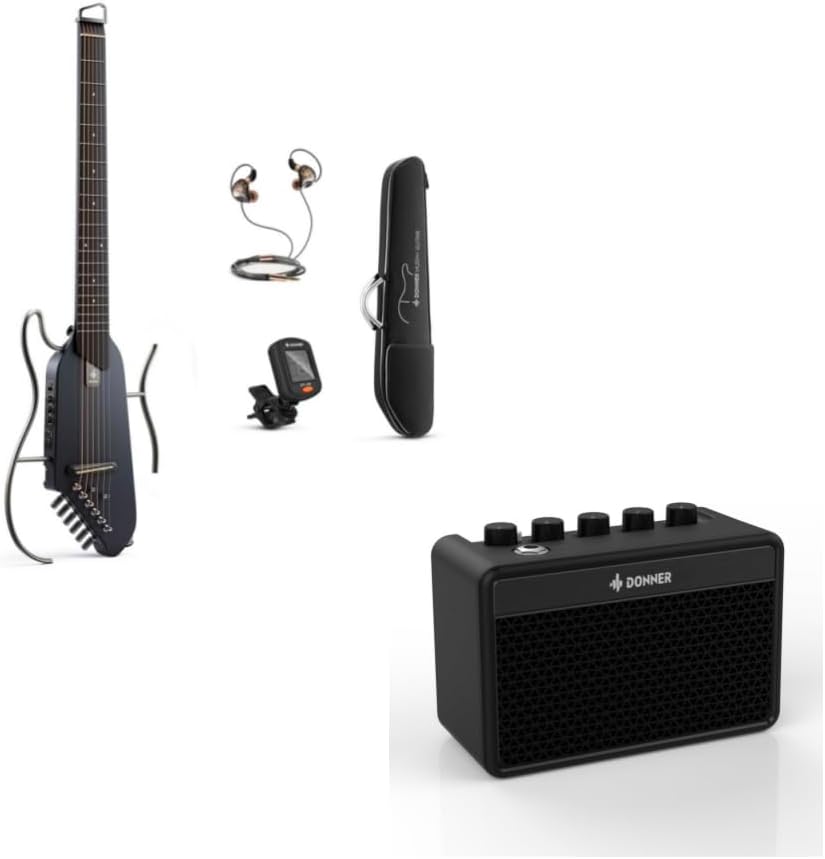 Guitar For Travel - Portable Ultra-Light and Quiet Performance Headless Acoustic-Electric Guitar, Black and Mini Guitar Amp Small Electric Amplifier 5W Portable
