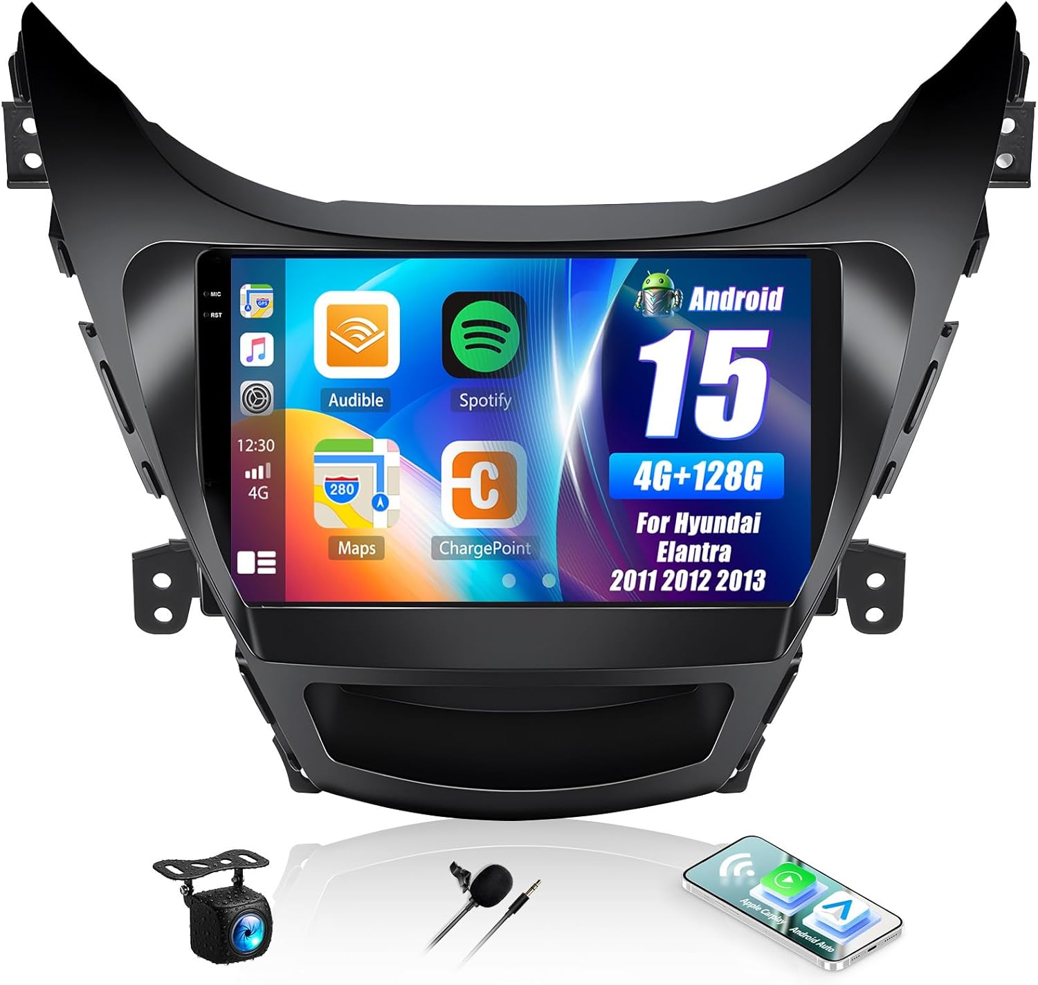 4G+128G Car Radio for Hyundai Elantra 2011 2012 2013 Android 13 Replacement Upgrade Stereo with CarPlay Android Auto 9 Inch Touch Screen Head Unit with Backup Camera Mic