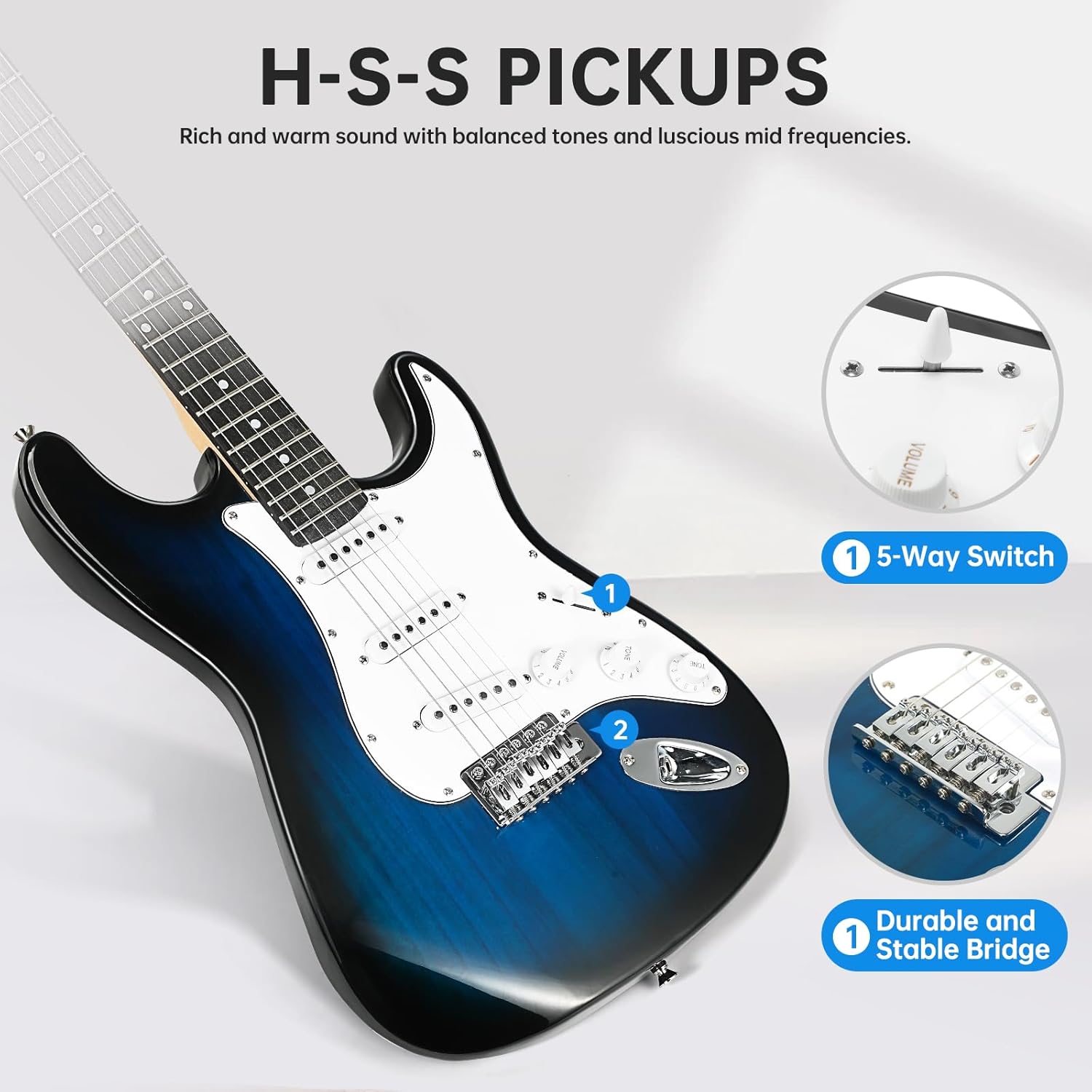 Susen 39”Inch Solid Full Size Electric Guitar Beginner Kit,Electric Guitar Starter Kit,S-S-S Pickups With 5W Amp,Strings, Pick,Tremolo Bar,Bag,Strip,Tuner.Cable,Blue