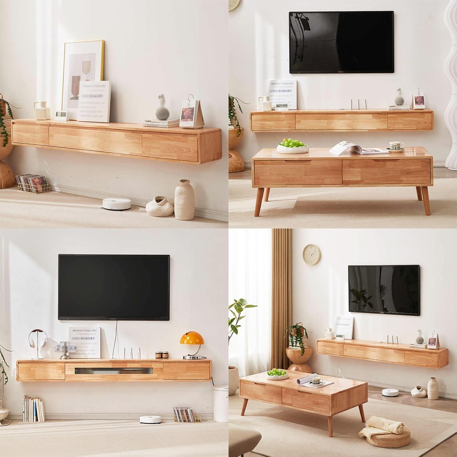 Multi-Size Floating TV Stand - Solid Wood Wall Mounted TV Unit, Multifunctional with Pre-Drilled Wiring Holes for Easy nization (Wood & White, 120x20x24cm)