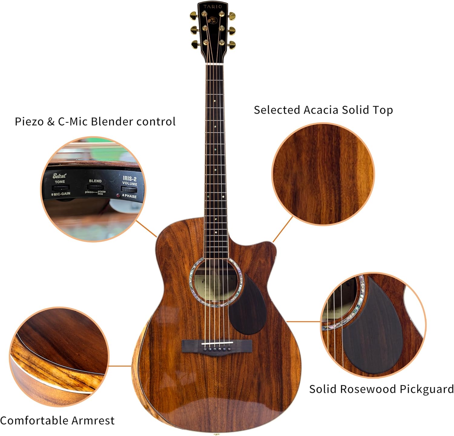 TARIO 41'' Electric Acoustic Antique Guitar Solid Acacia Top Acacia Back and Sides Mahogany Neck
