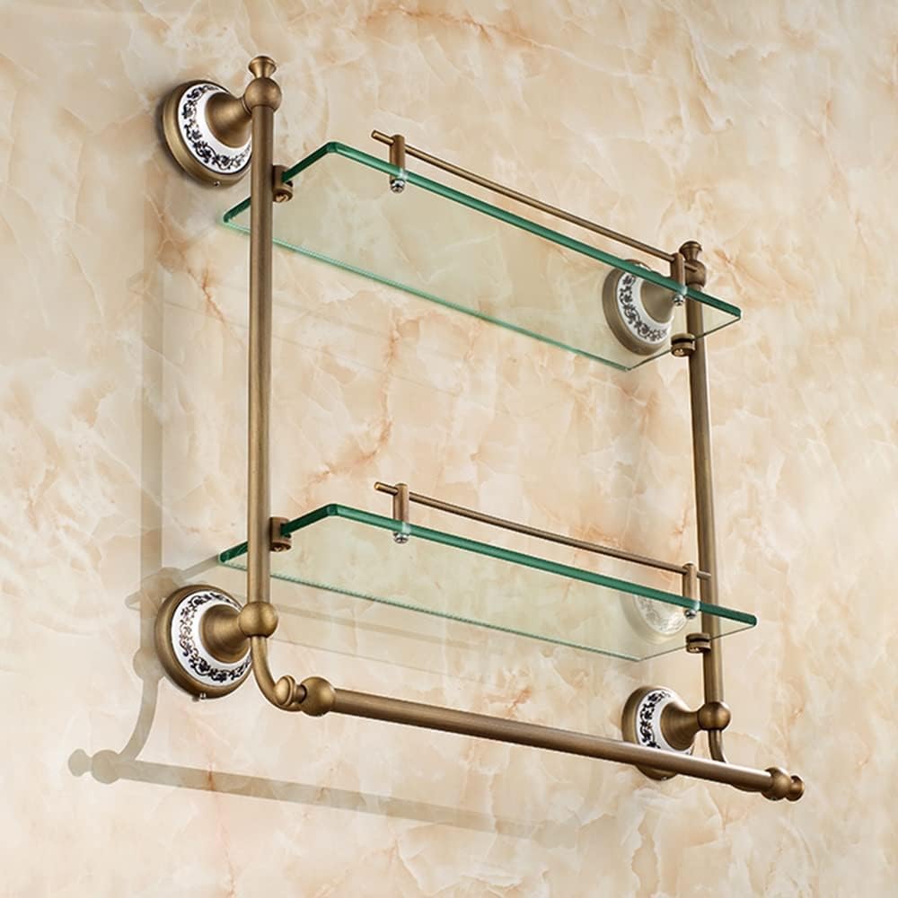 Shower Caddy Bathroom Glass Shelf 2 Tier, Coming with Towel Bar, Shower Caddy Bath Basket, Wall Mount, Antique Brass, Bronze Finish Bathroom Organizer